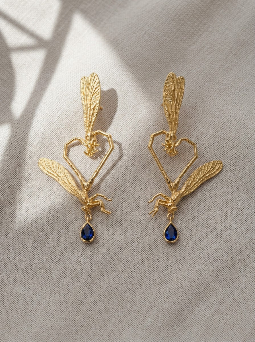 Dragonfly Love Stud Earrings — Gold‑Plated Brass or Gold‑Plated Sterling Silver with Blue Pear‑Cut Stone