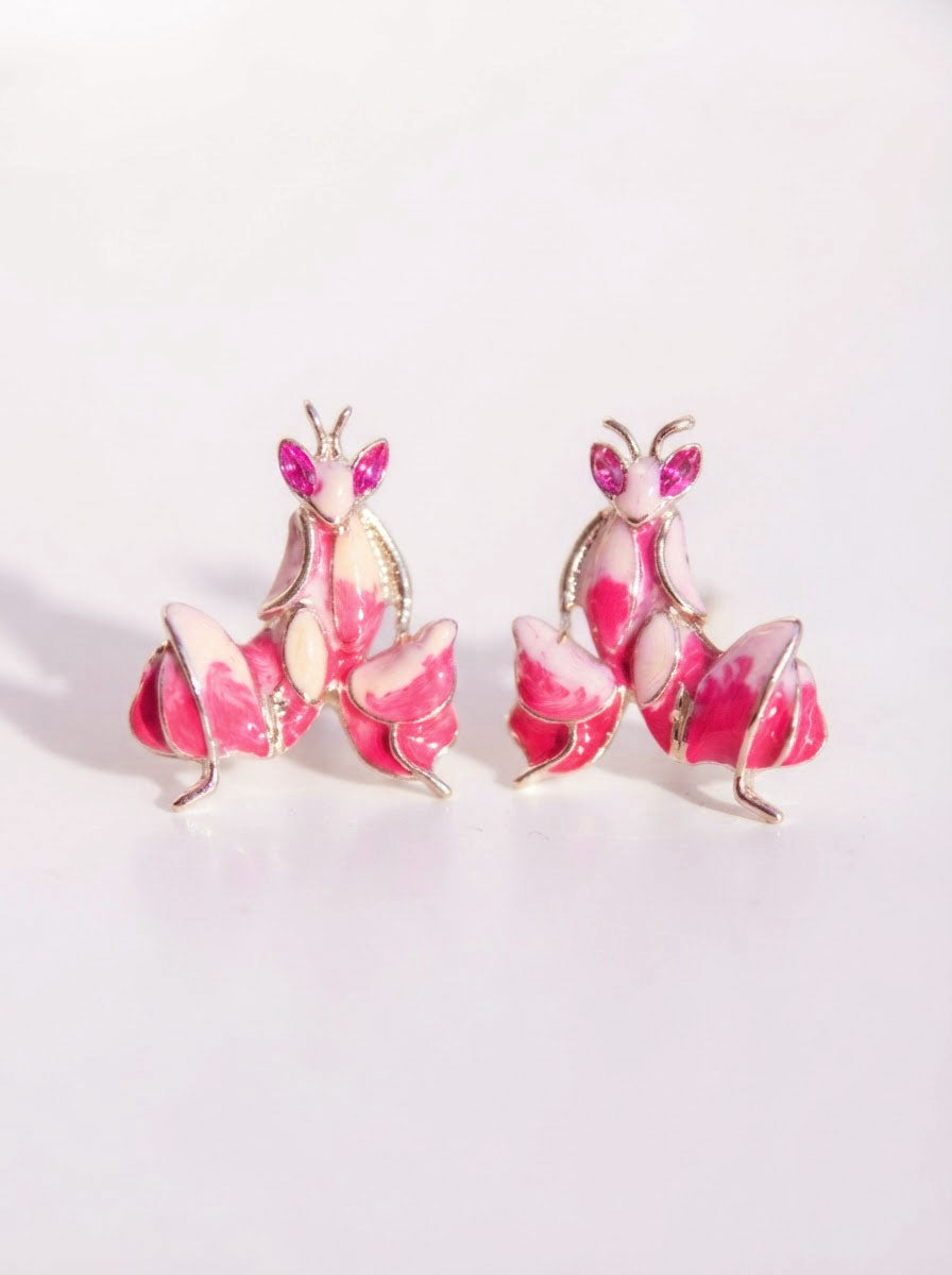 Pink Enamel Orchid Mantis Stud Earrings – Nature Inspired Insect Jewelry