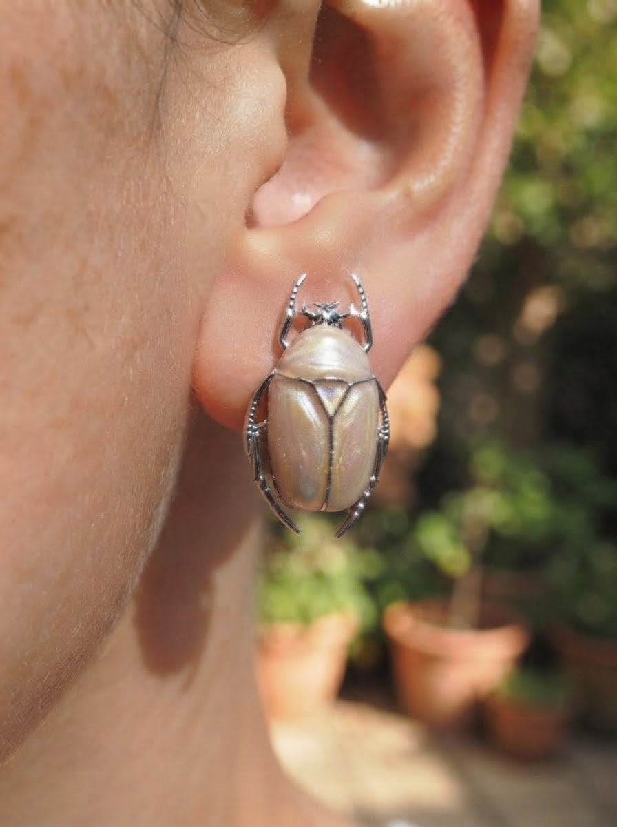 Pearl White Flower Beetle Stud Earrings – Enamel Insect Jewelry