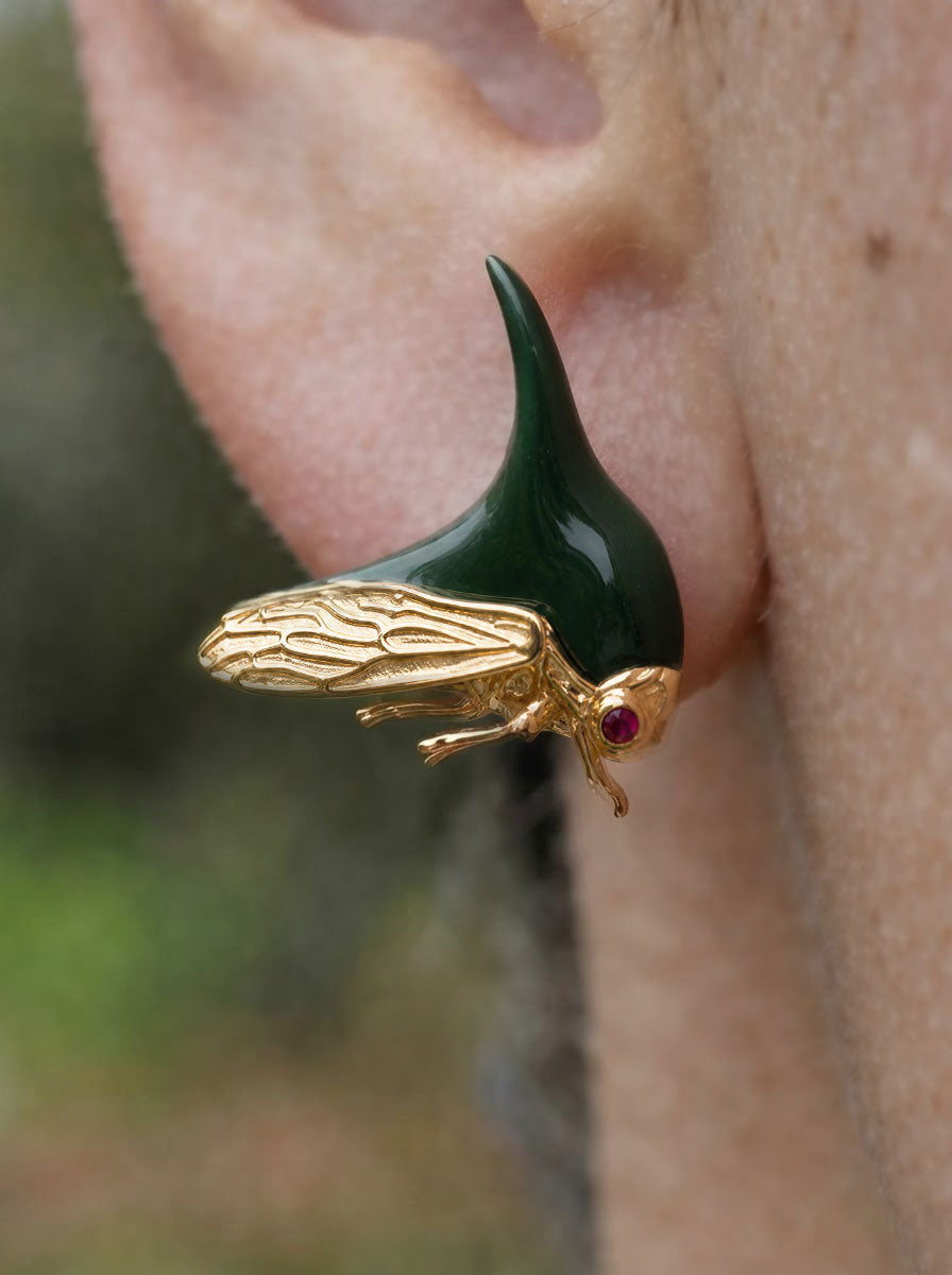Treehopper Stud Earrings – Deep Green Enamel & Gold‑Plated | Nature‑Inspired Insect Jewelry - Earrings