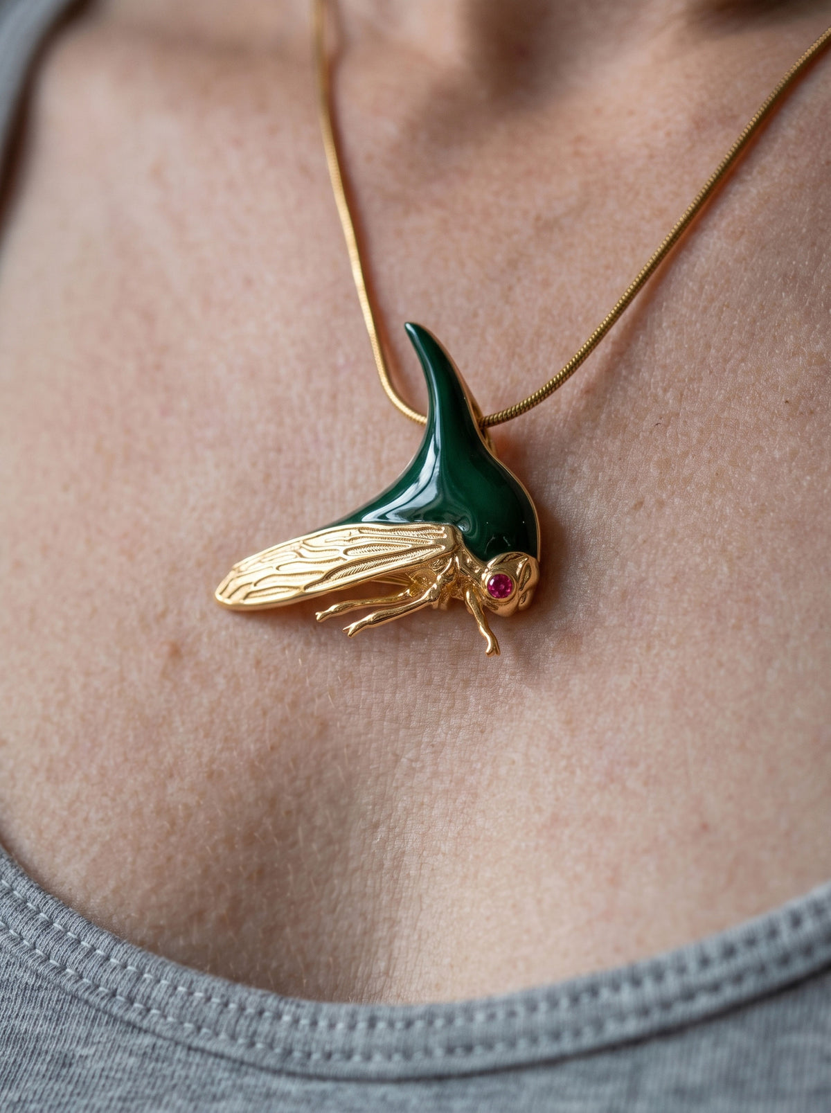 Treehopper Pendant – Deep Green Enamel & Gold‑Plated | Nature‑Inspired Insect Jewelry - Pendant