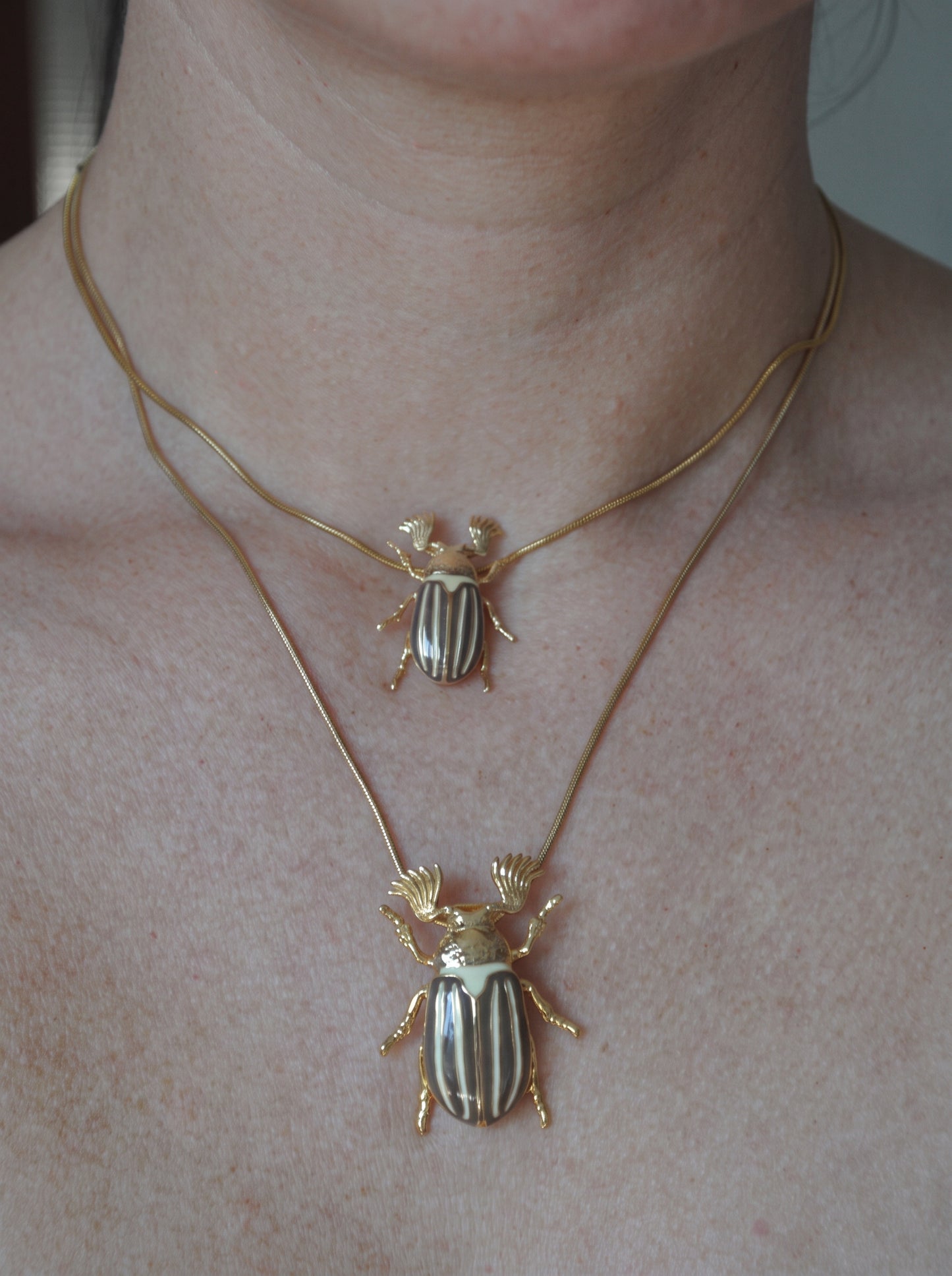 June Bug Pendant — Sterling Silver, 14k Gold‑Plated, Rhodium‑Plated, or Polished Bronze with Bronze & Off‑White Enamel