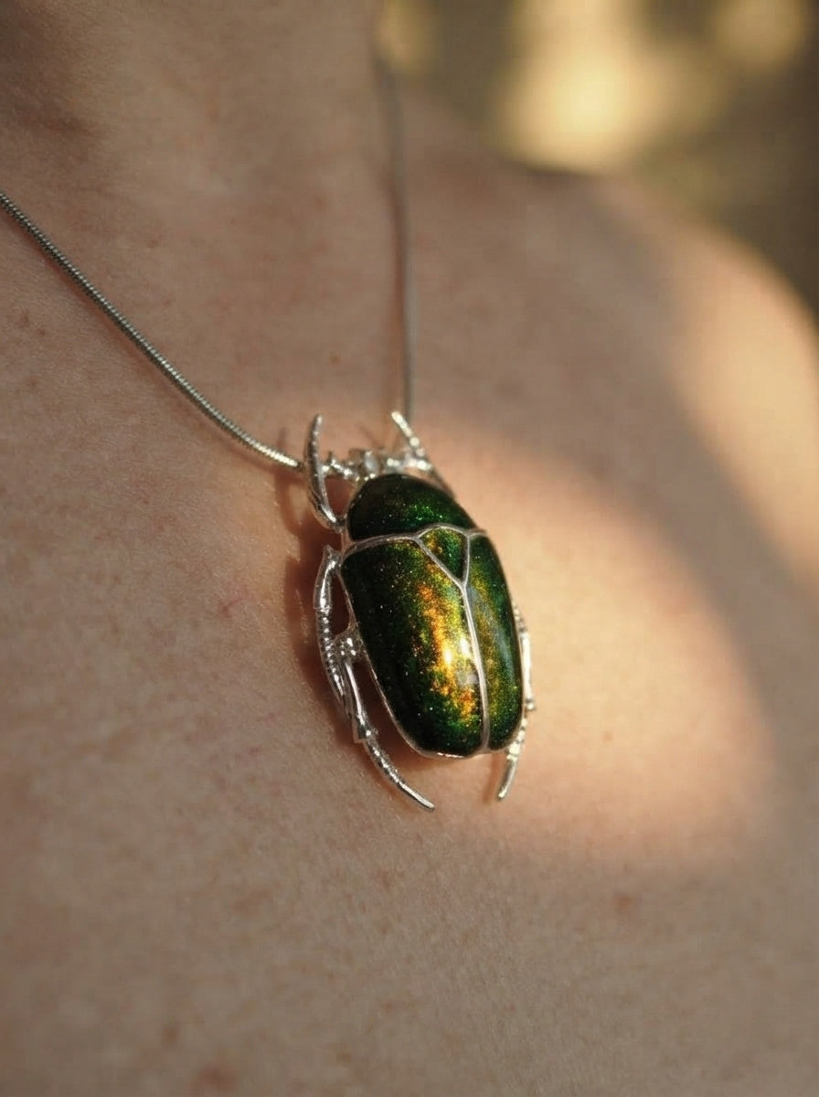 Green & Yellow Enamel Flower Beetle Pendant – Sculptural Insect Jewelry