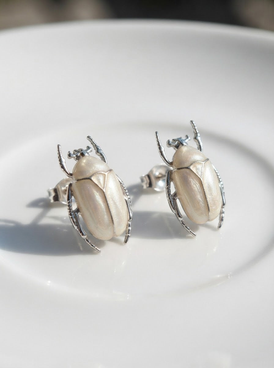 Pearl White Flower Beetle Stud Earrings – Enamel Insect Jewelry