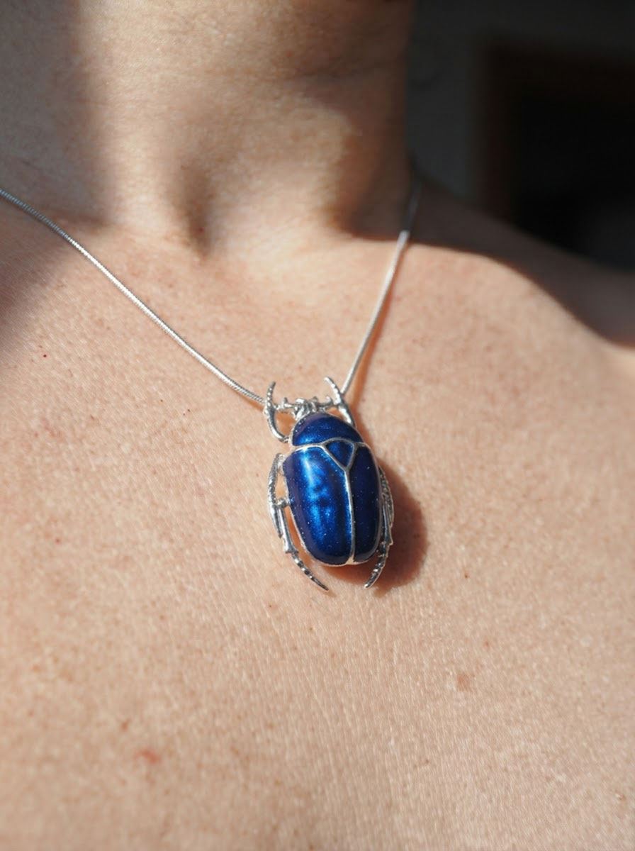 Blue Enamel Flower Beetle Pendant – Sculptural Insect Jewelry