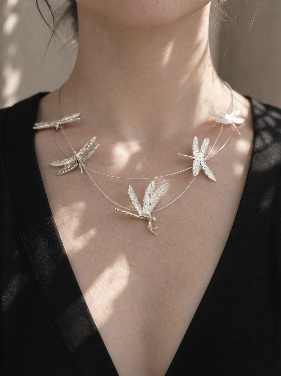 Dragonfly Flight Necklace — Sculptural Multi‑Wire Nature Jewelry in Sterling Silver or Gold