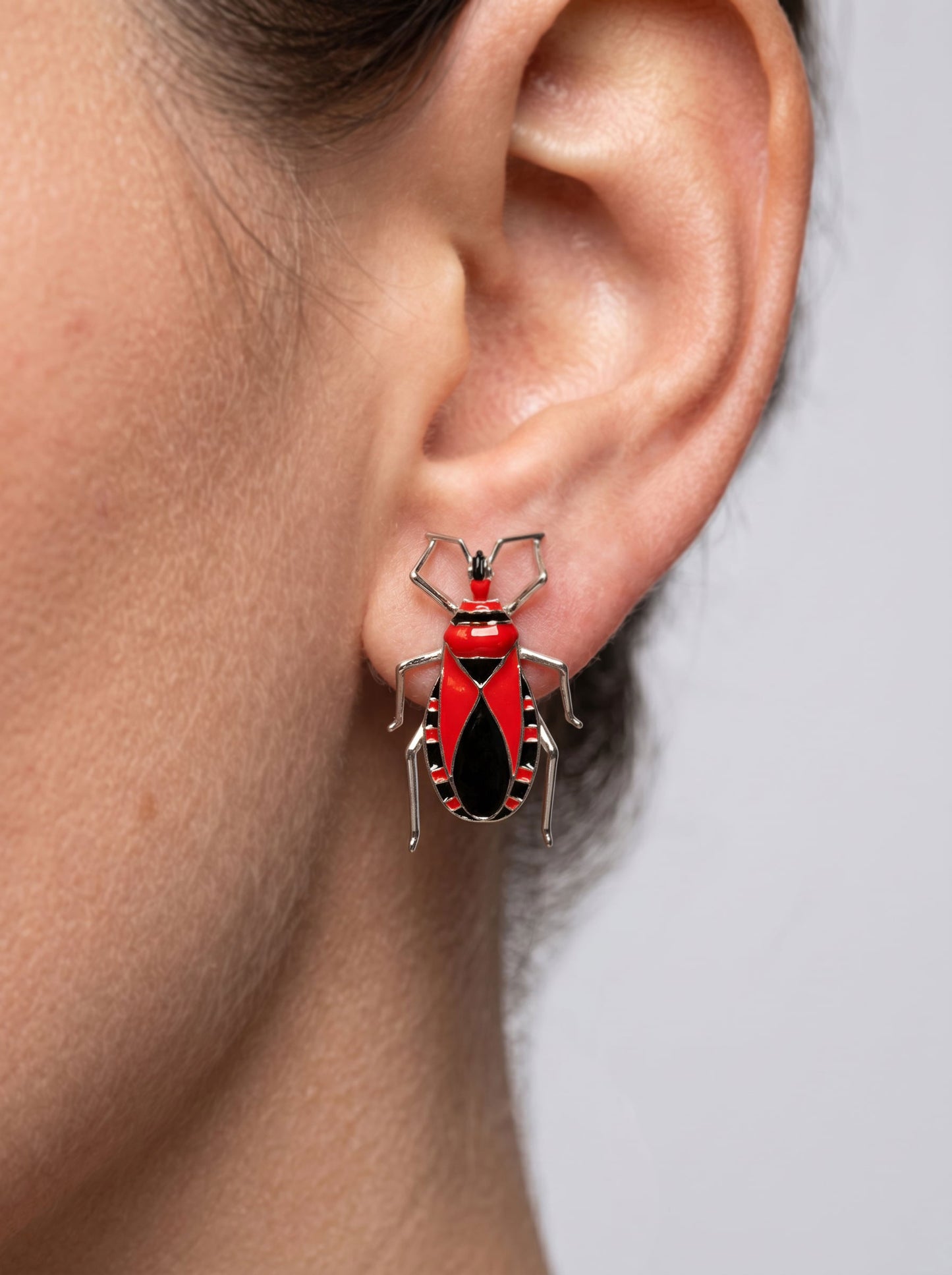 Assassin Bug Earrings — Silver, Rhodium, Gold Plated Red & Black Enamel