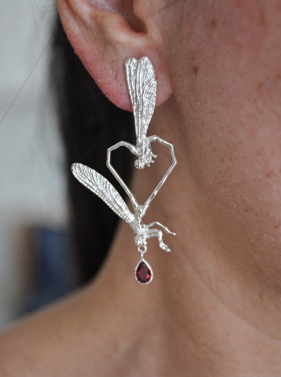 Dragonfly Love Stud Earrings — Sterling Silver | Art Nouveau Inspired Nature Jewelry