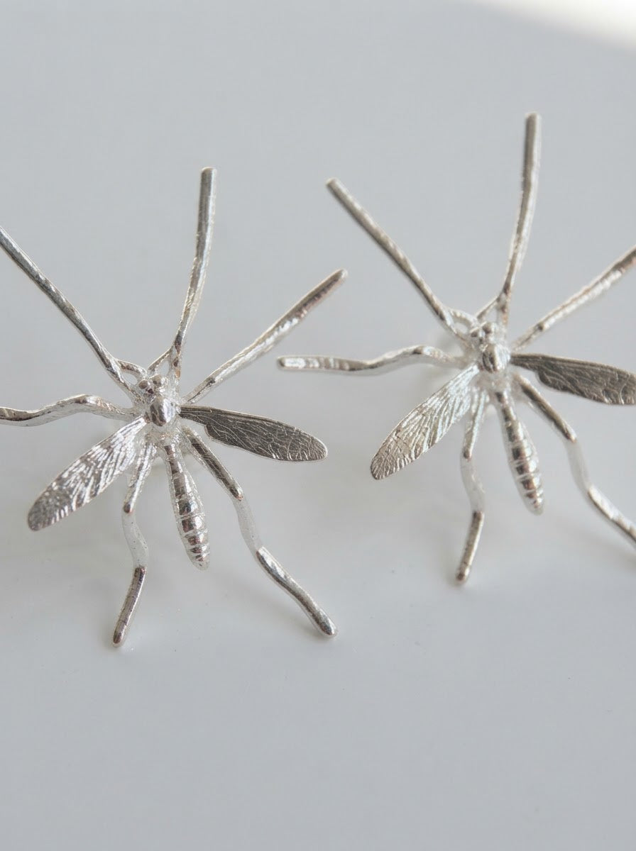 Crane Fly Stud Earrings – Sterling Silver or 14k Gold‑Plated | Sculptural Insect Jewelry