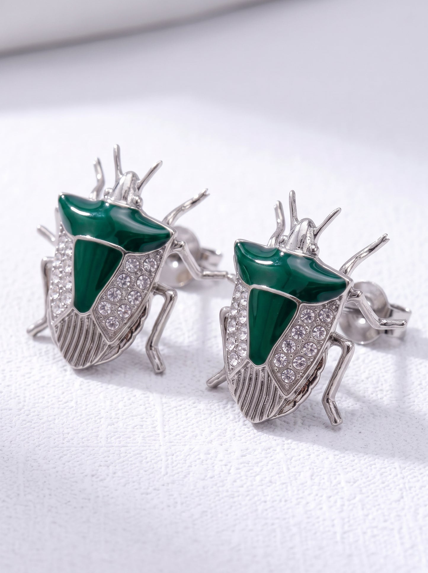 Stink Bug Stud Earrings with Deep Green Enamel • Silver or 14k Gold‑Plated