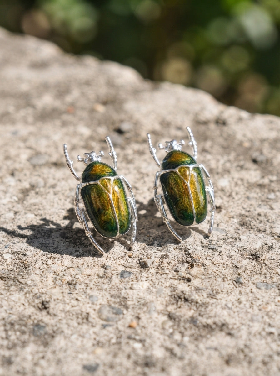 Green & Yellow Enamel Flower Beetle Stud Earrings – Sculptural Insect Jewelry