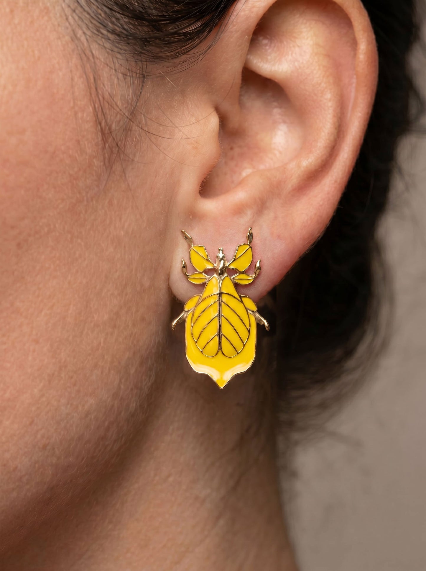Phylliidae Yellow Leaf Insect Earrings – Gold or Silver Studs with Yellow Enamel