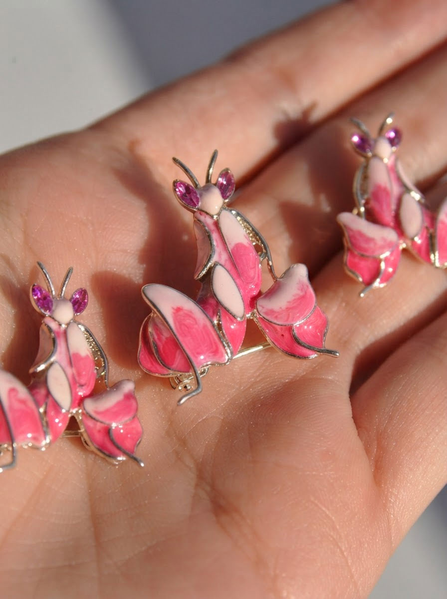 Pink Enamel Orchid Mantis Stud Earrings – Nature Inspired Insect Jewelry