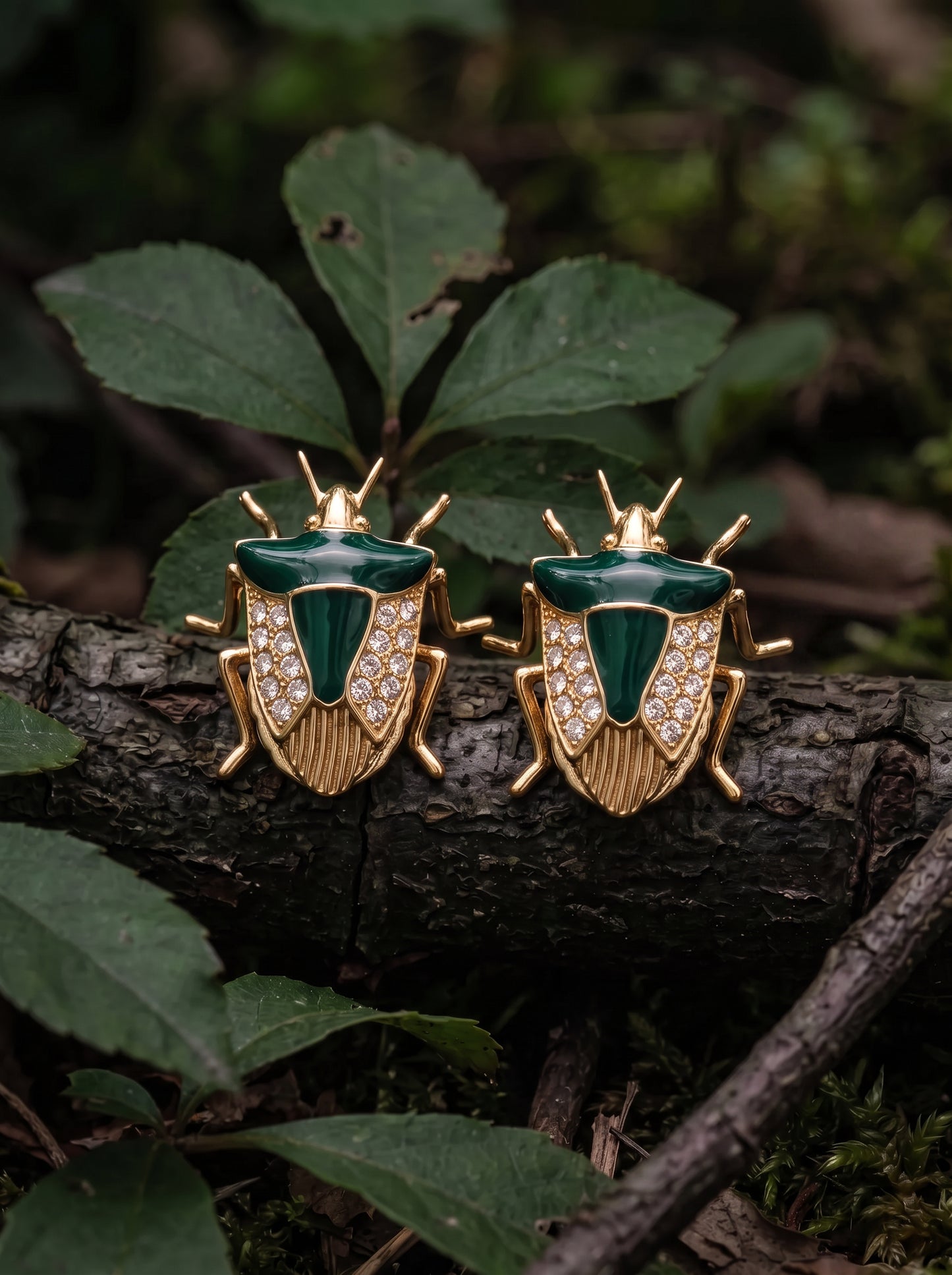 Stink Bug Stud Earrings with Deep Green Enamel • Silver or 14k Gold‑Plated