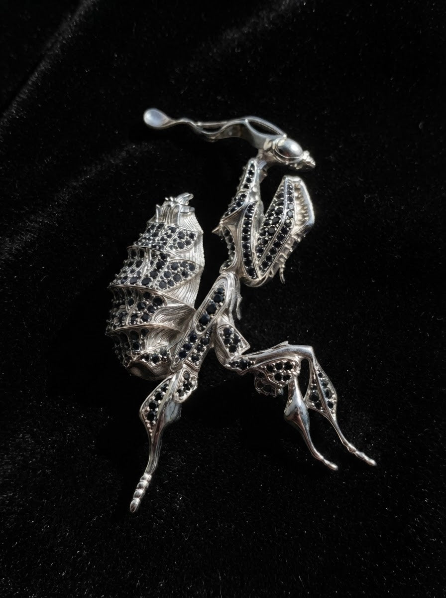 Black Crystal Ghost Mantis Pendant – Statement Entomology Jewelry