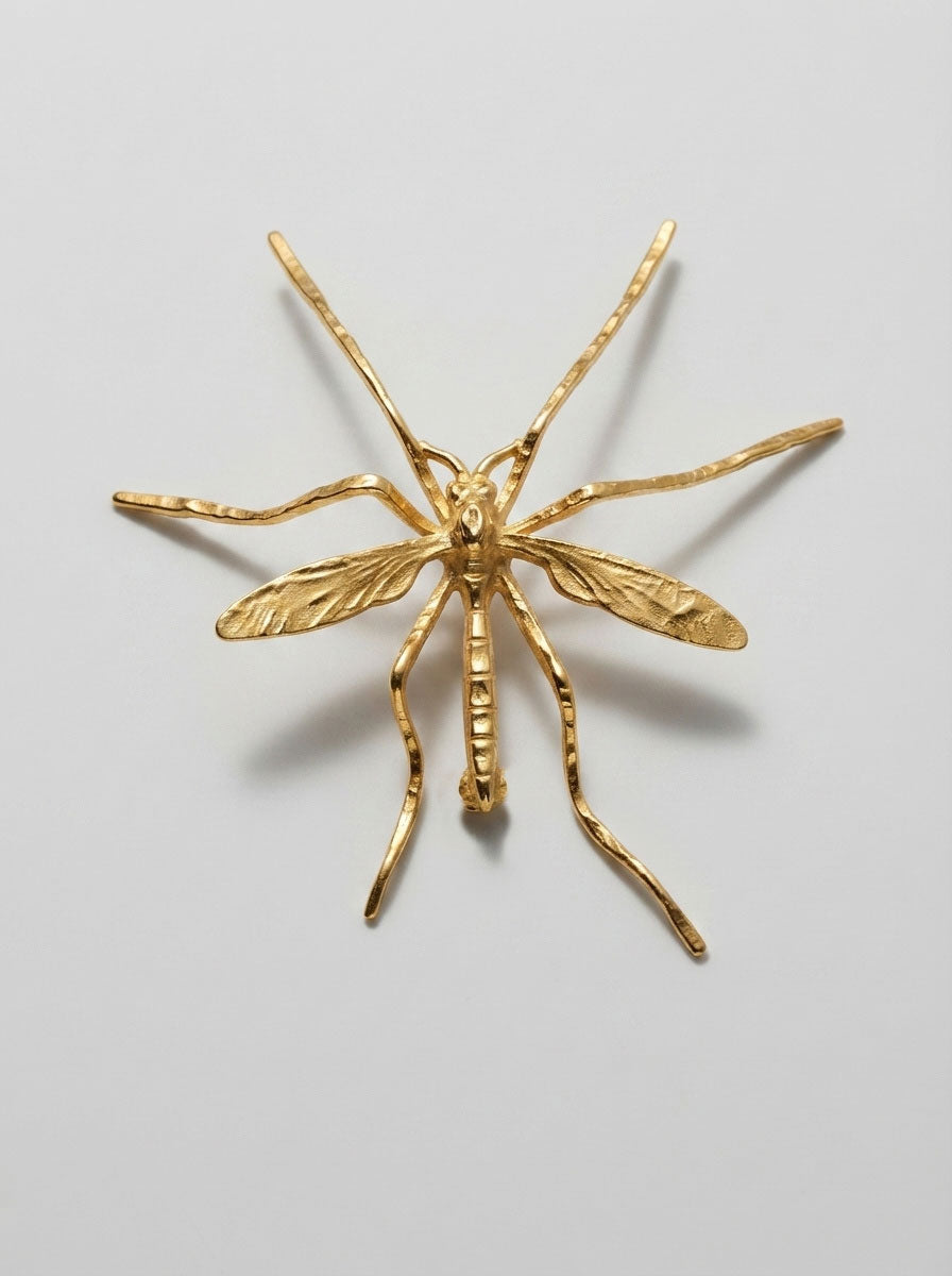 Crane Fly Brooch — Sterling Silver or 14k Gold‑Plated | Sculptural Insect Jewelry