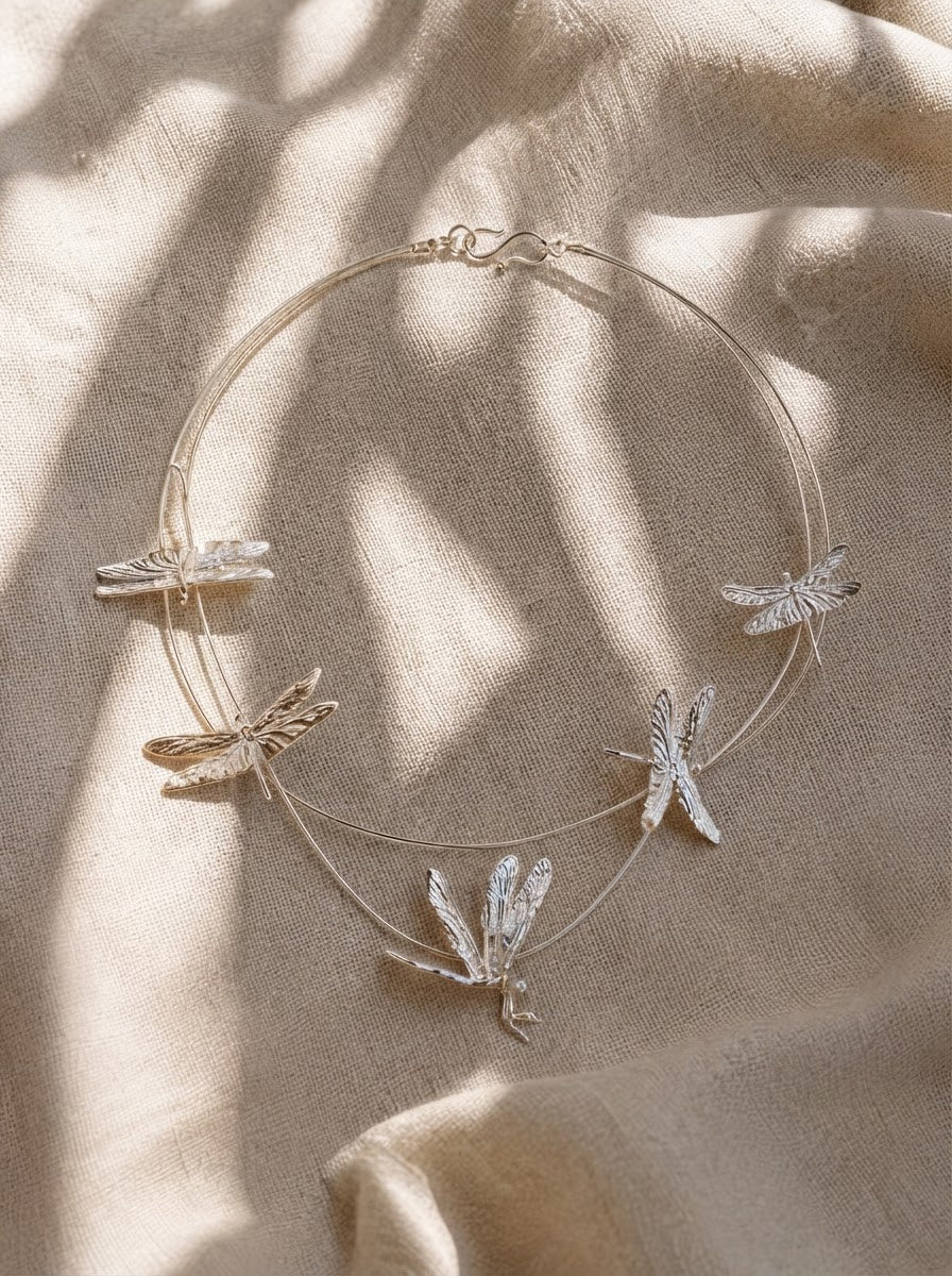 Dragonfly Flight Necklace — Sculptural Multi‑Wire Nature Jewelry in Sterling Silver or Gold