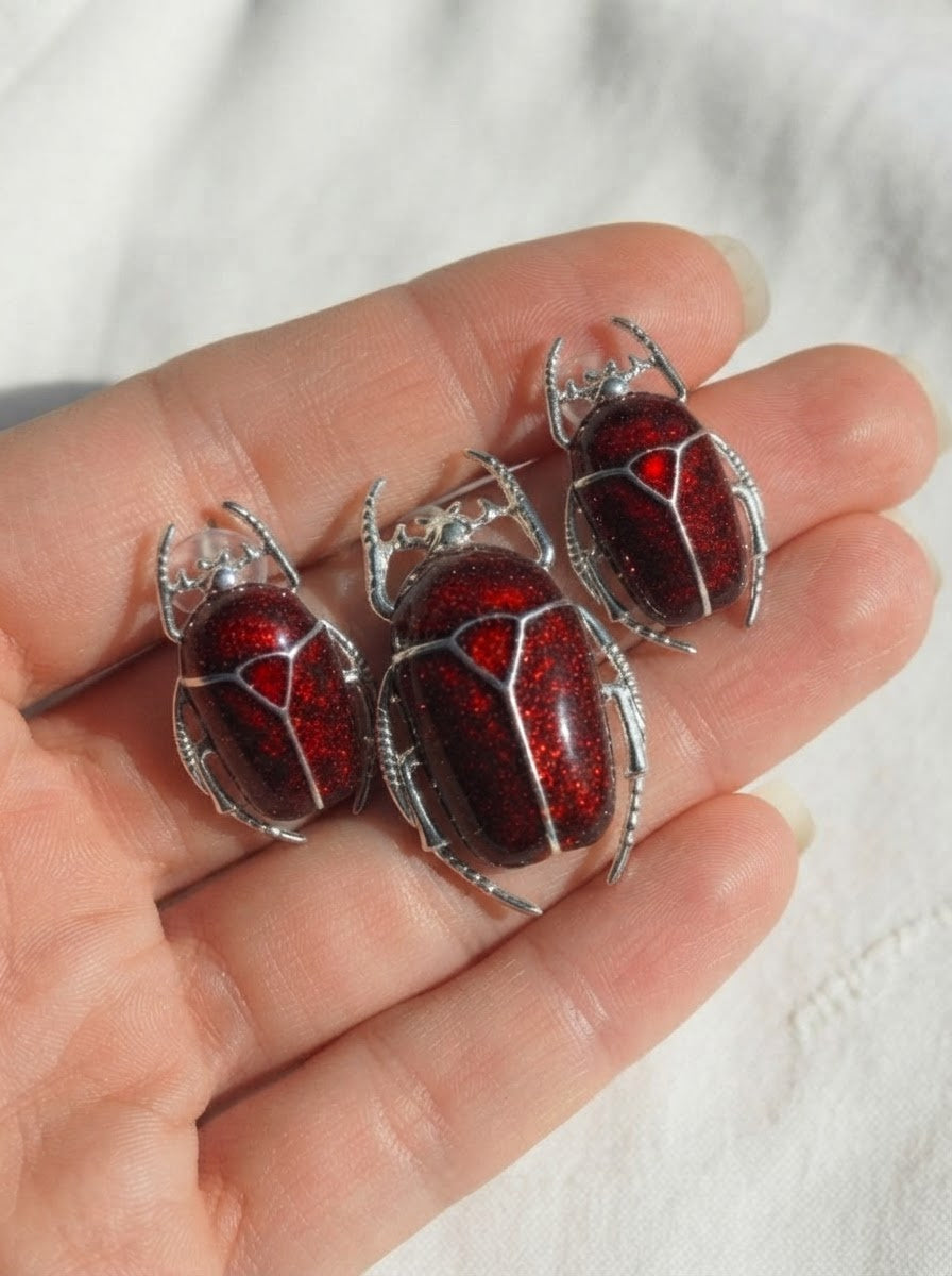Glossy Dark Red Enamel Flower Beetle Stud Earrings – Nature Inspired Insect Jewelry