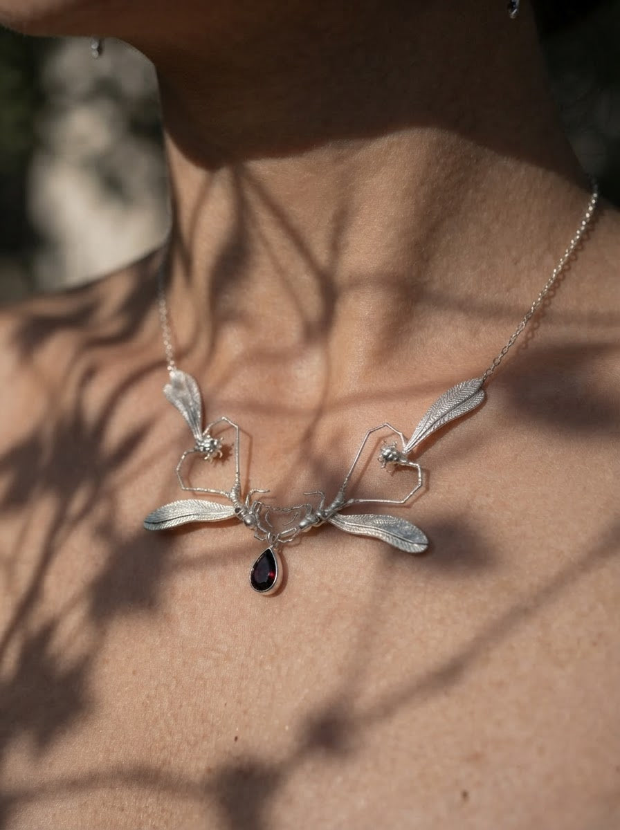 Dragonfly Love Necklace — Gold or Silver with Pear‑Cut Stone