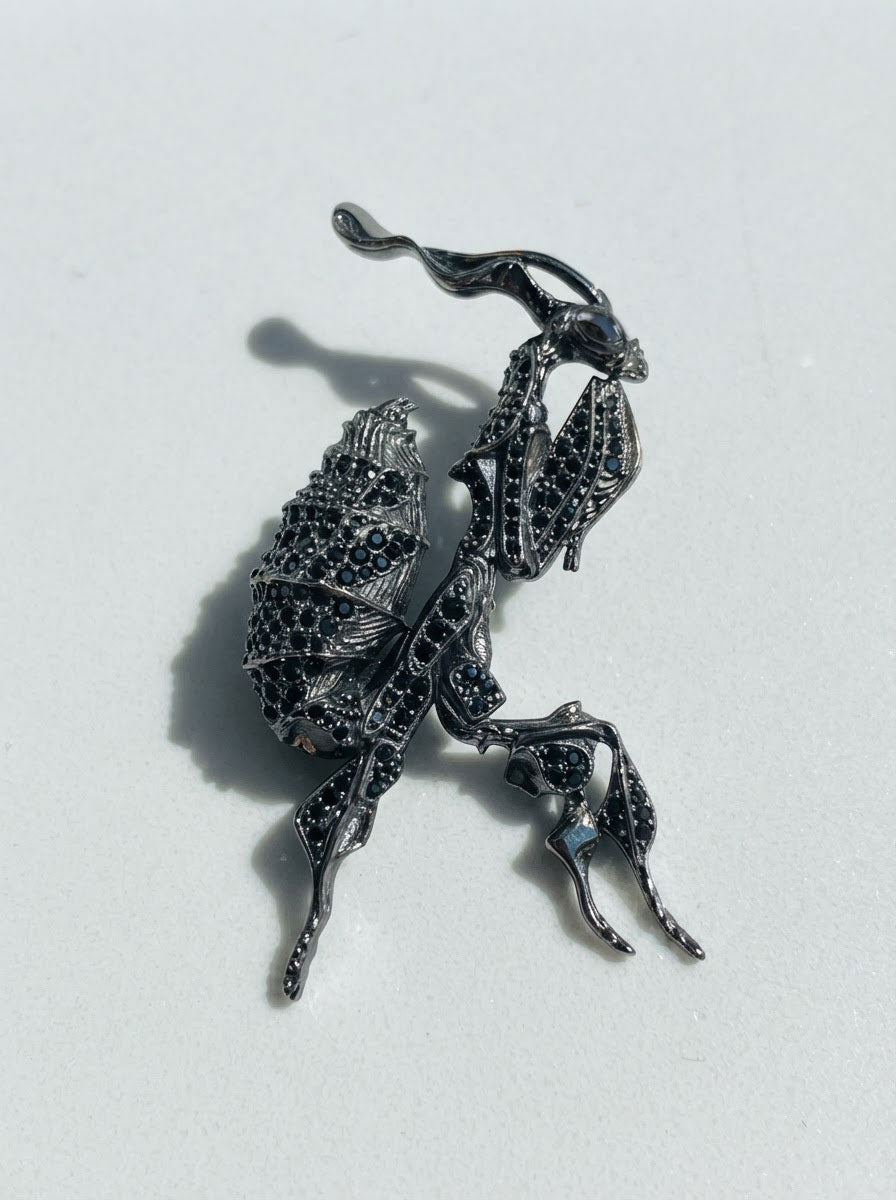 Black Crystal Ghost Mantis Brooch – Collectible Entomology Jewelry