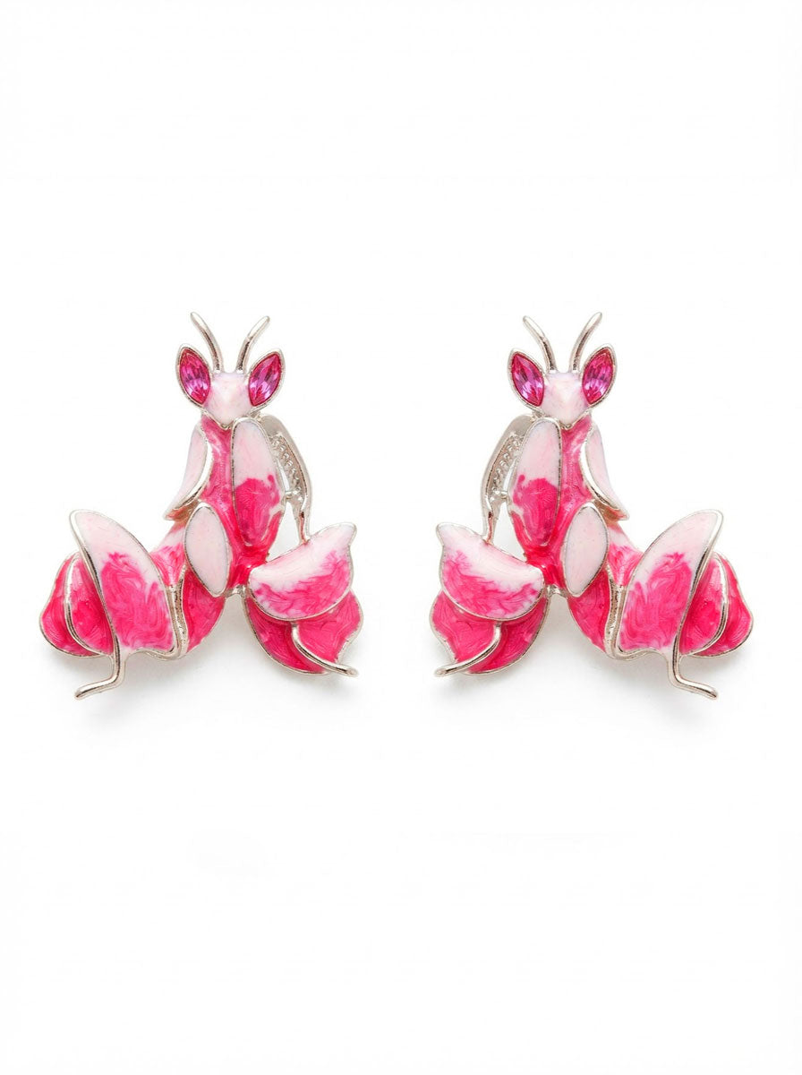 Pink Enamel Orchid Mantis Stud Earrings – Nature Inspired Insect Jewelry