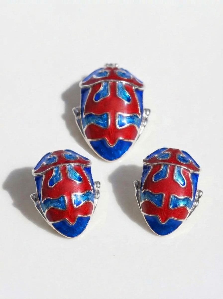 Harlequin Shield Bug Stud Earrings – Matte Red & Shiny‑Blue Enamel