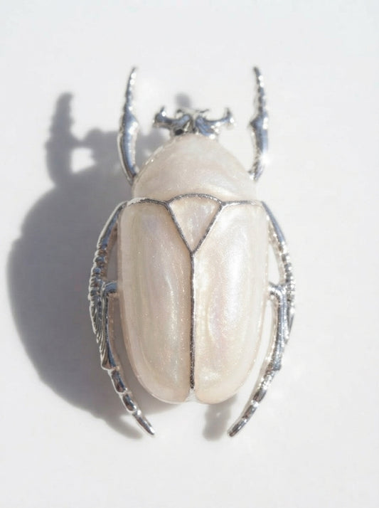Pearl White Enamel Flower Beetle Pendant – Insect Necklace, Nature Inspired Jewelry