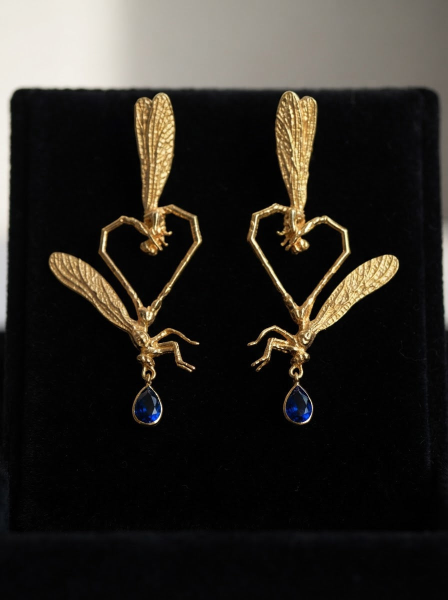 Dragonfly Love Stud Earrings — Gold‑Plated Brass or Gold‑Plated Sterling Silver with Blue Pear‑Cut Stone