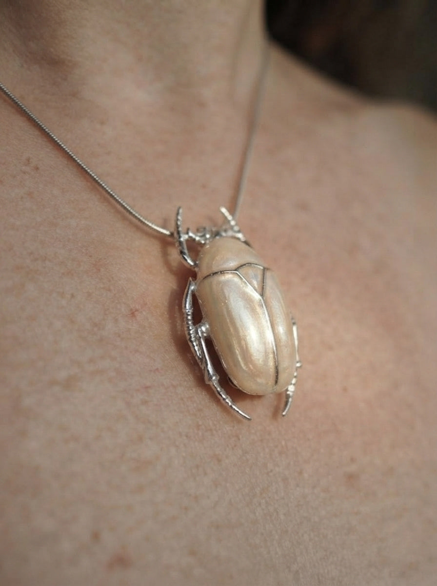 Pearl White Enamel Flower Beetle Pendant – Insect Necklace, Nature Inspired Jewelry