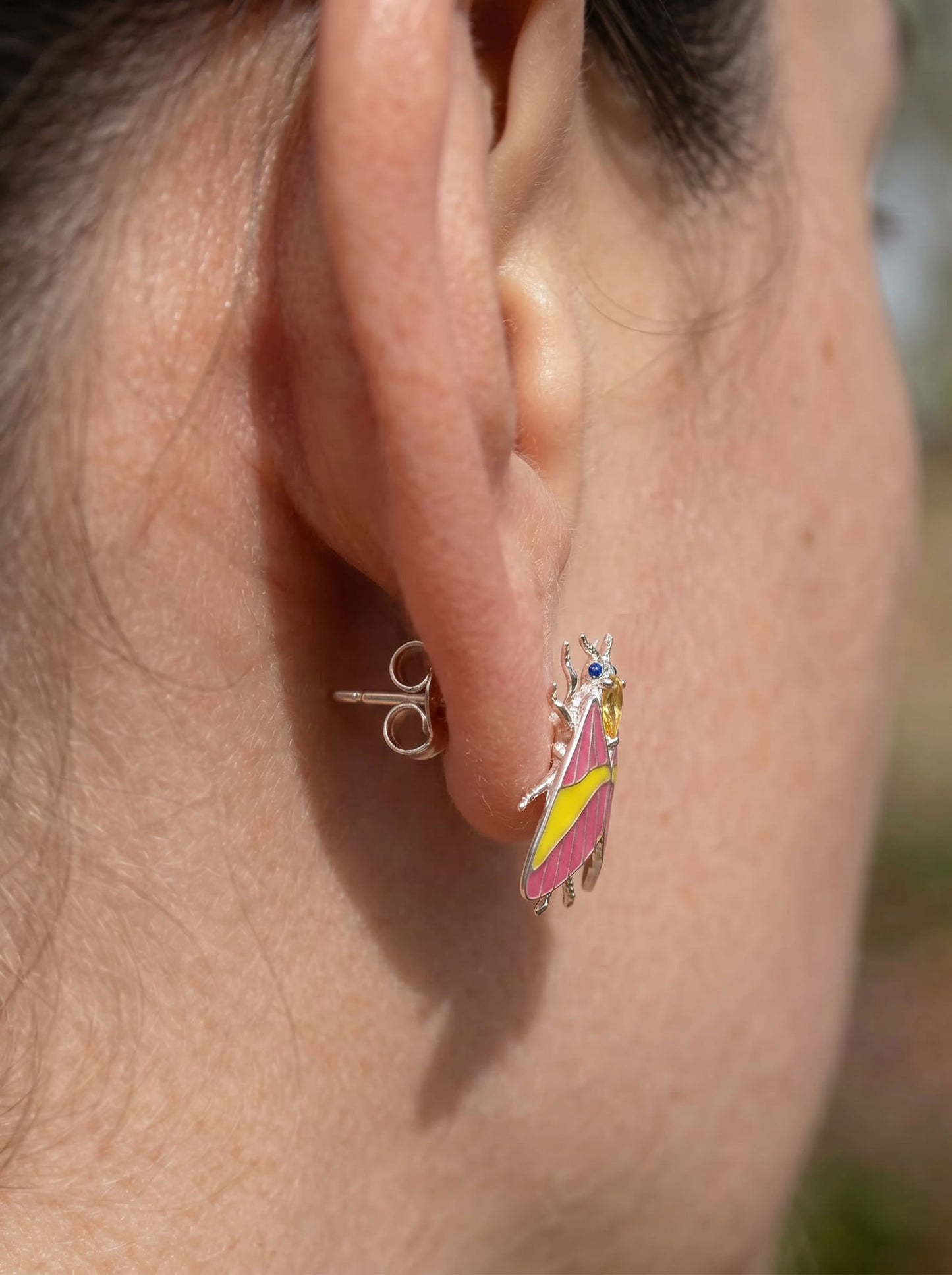 Rosy Maple Moth Earrings – Enamel Wings, Gemstone Eyes & Yellow Crystal Accent
