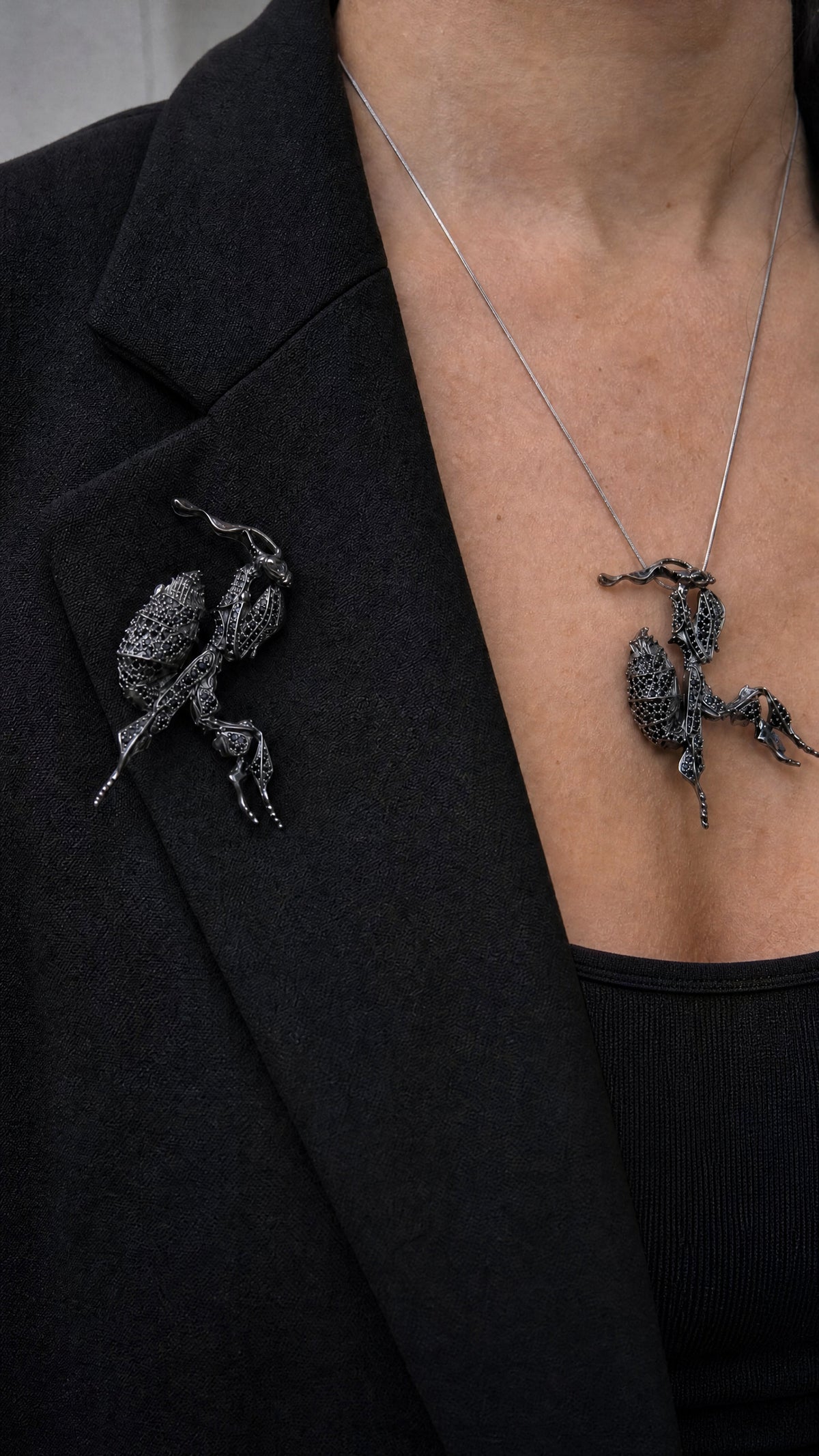 Black Crystal Ghost Mantis Pendant – Statement Entomology Jewelry