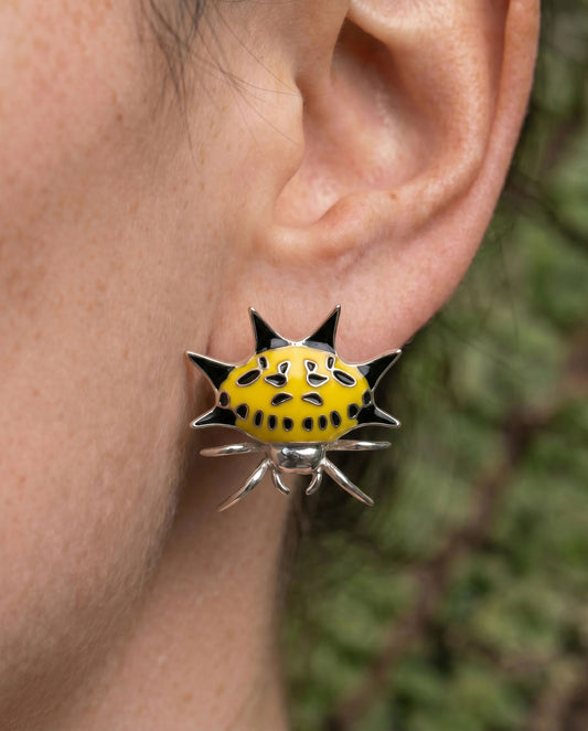 Spiny Orb‑Weaver Stud Earrings — Yellow & Black Edition