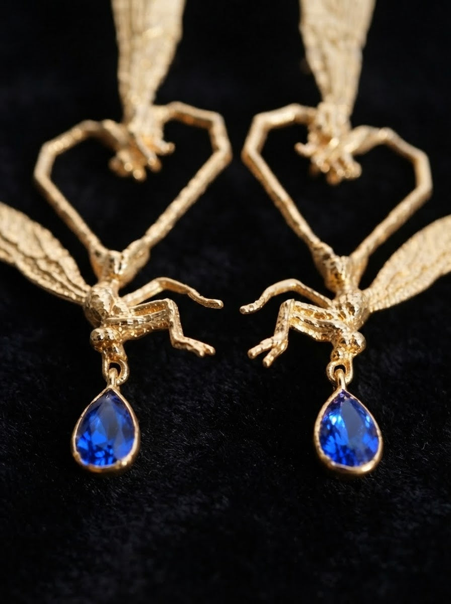 Dragonfly Love Stud Earrings — Gold‑Plated Brass or Gold‑Plated Sterling Silver with Blue Pear‑Cut Stone