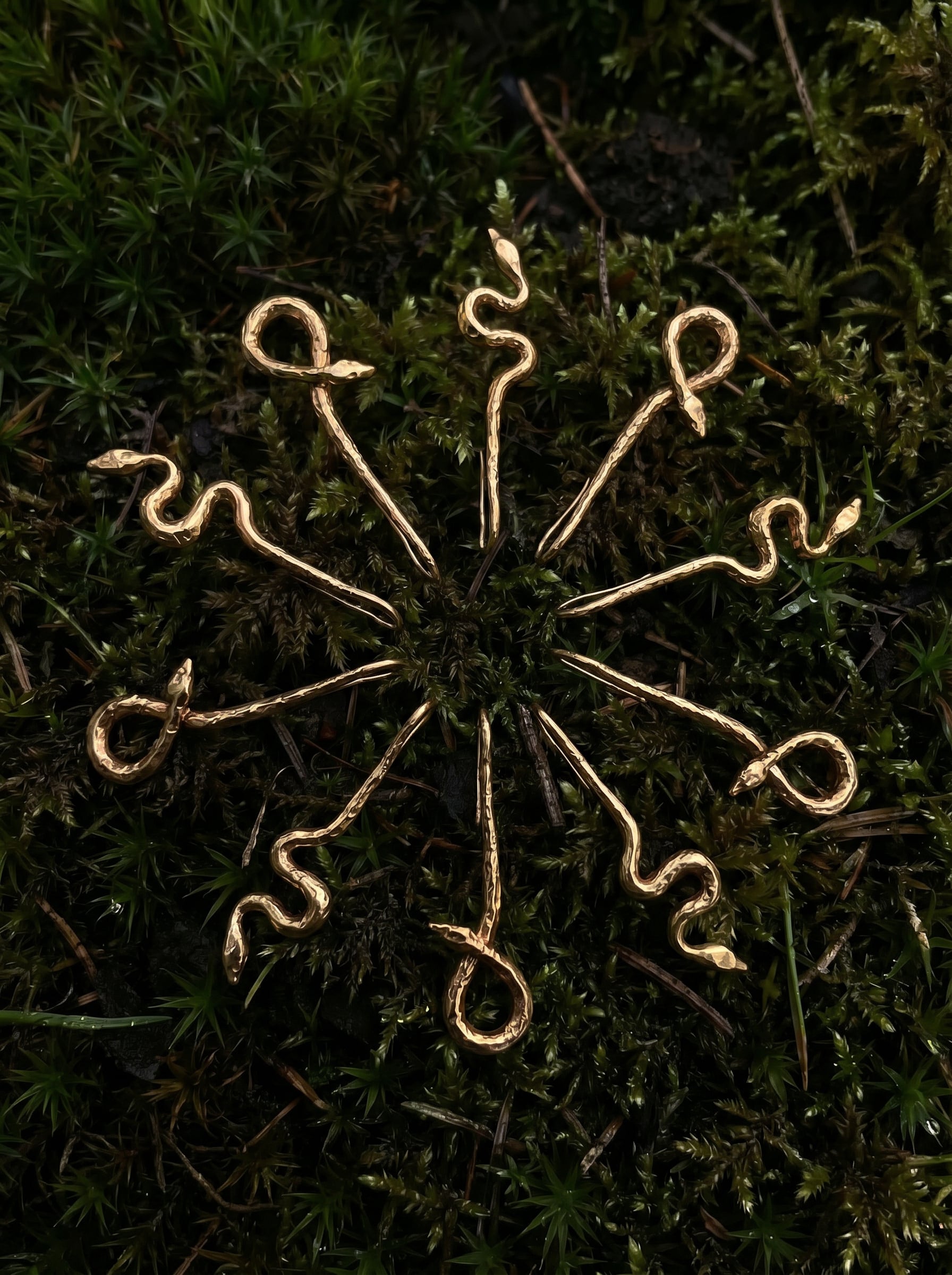 Asymmetrical botanical snake earrings in polished gold arranged in a circular pattern on moss.