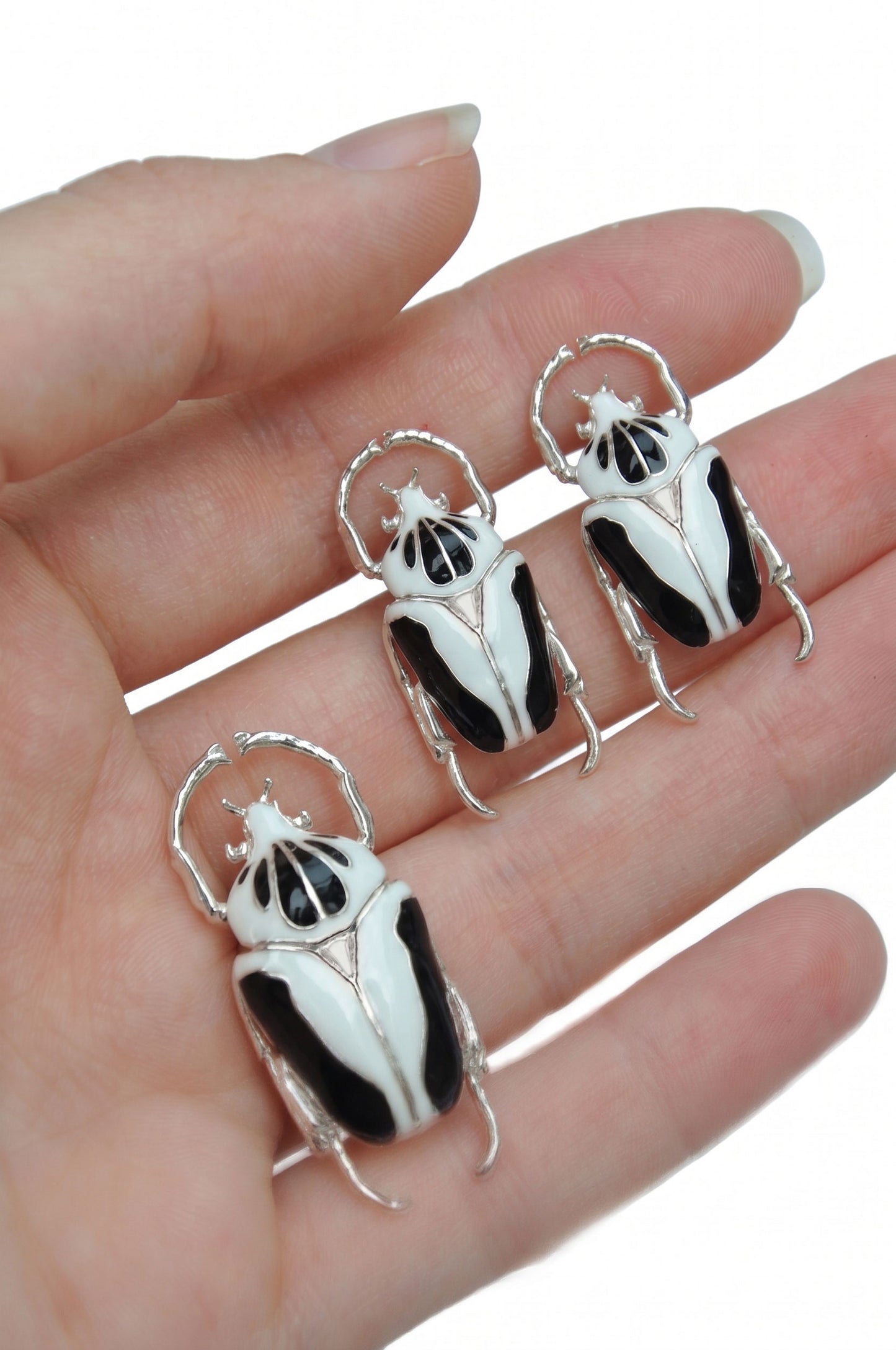 Goliath Beetle Stud Earrings — Sterling Silver or 14k Gold‑Plated with Black & White Enamel