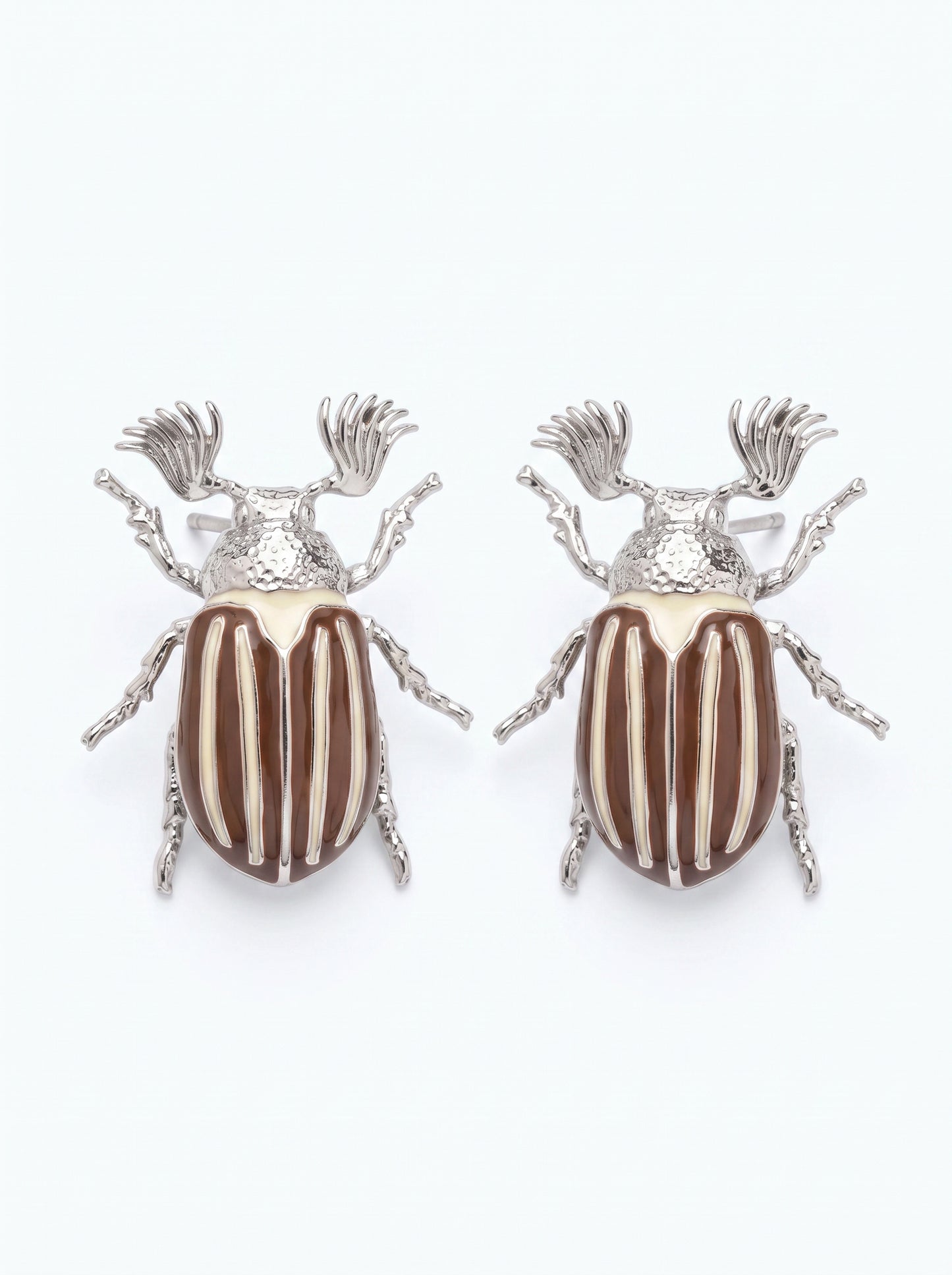 June Bug Stud Earrings — Silver or Gold with Bronze & Off‑White Enamel