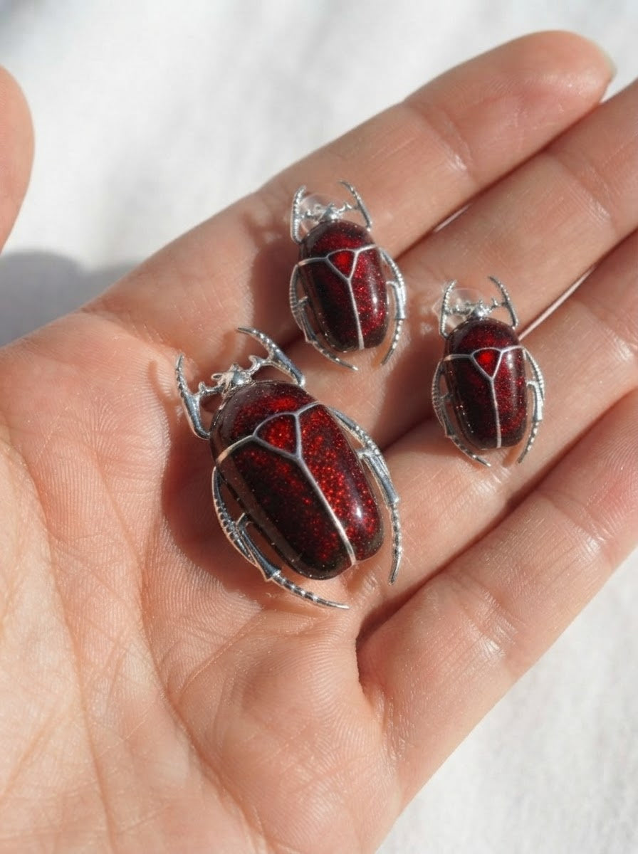 Glossy Dark Red Enamel Flower Beetle Stud Earrings – Nature Inspired Insect Jewelry