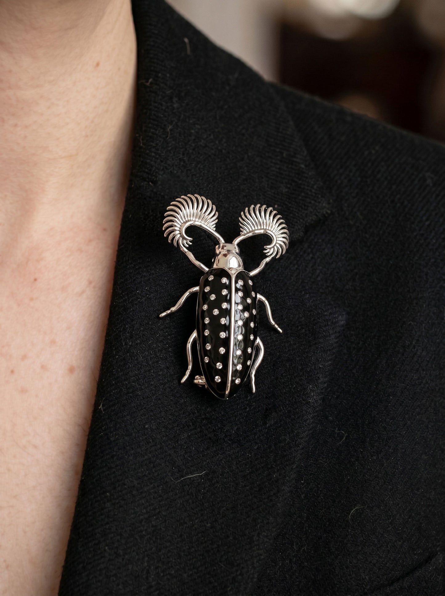 Feather‑Horned Beetle Brooch — Rhipicera sp. • Black Enamel + Crystals