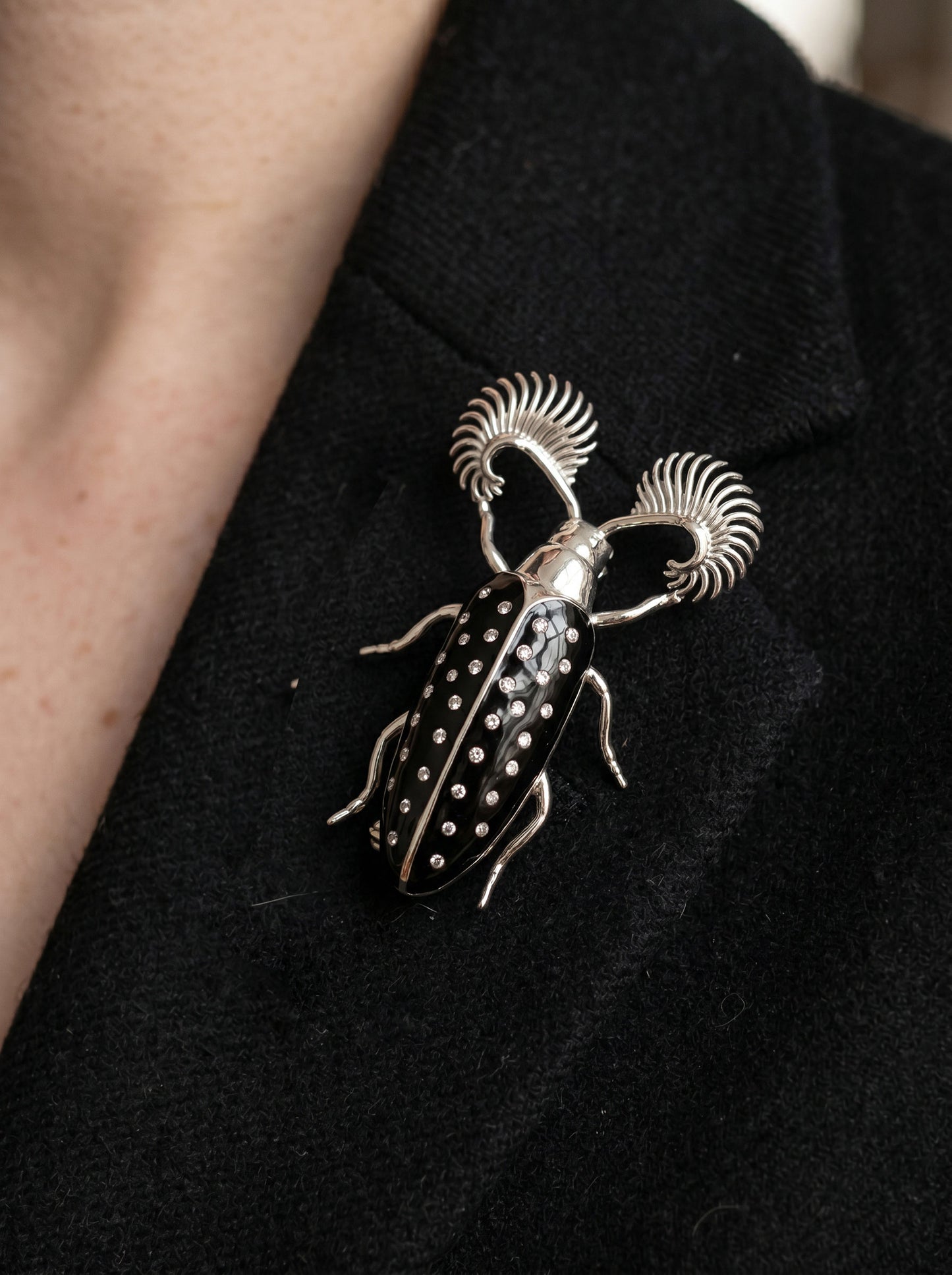 Feather‑Horned Beetle Brooch — Rhipicera sp. • Black Enamel + Crystals