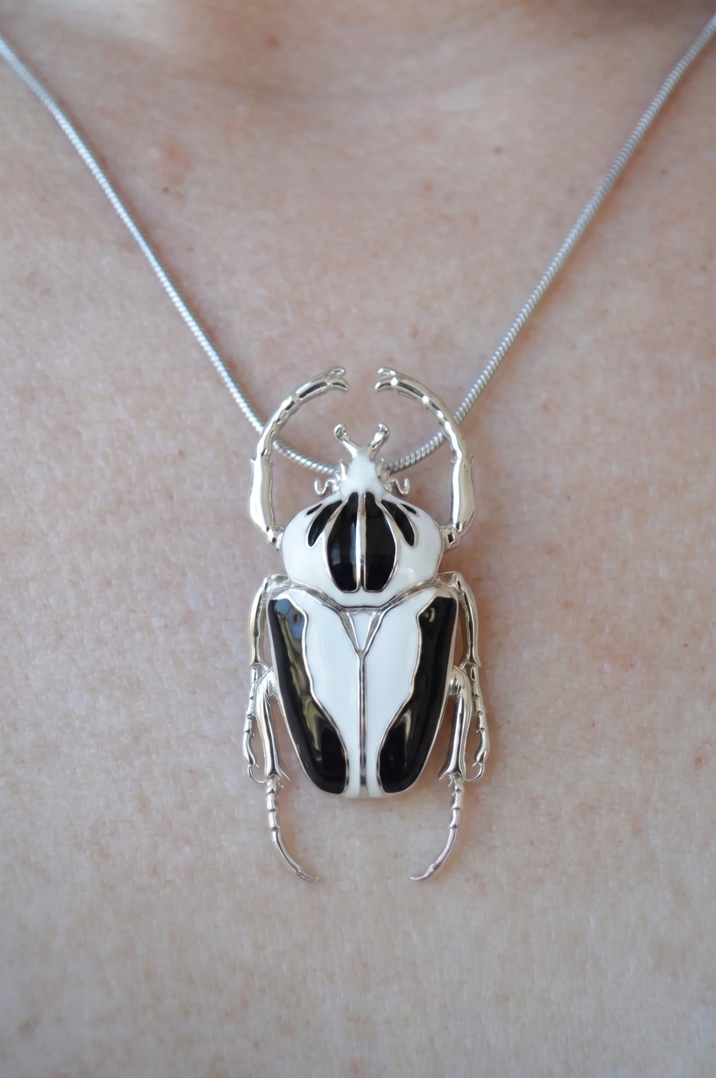 Goliath Beetle Pendant — Sterling Silver or 14k Gold‑Plated with Black & White Enamel
