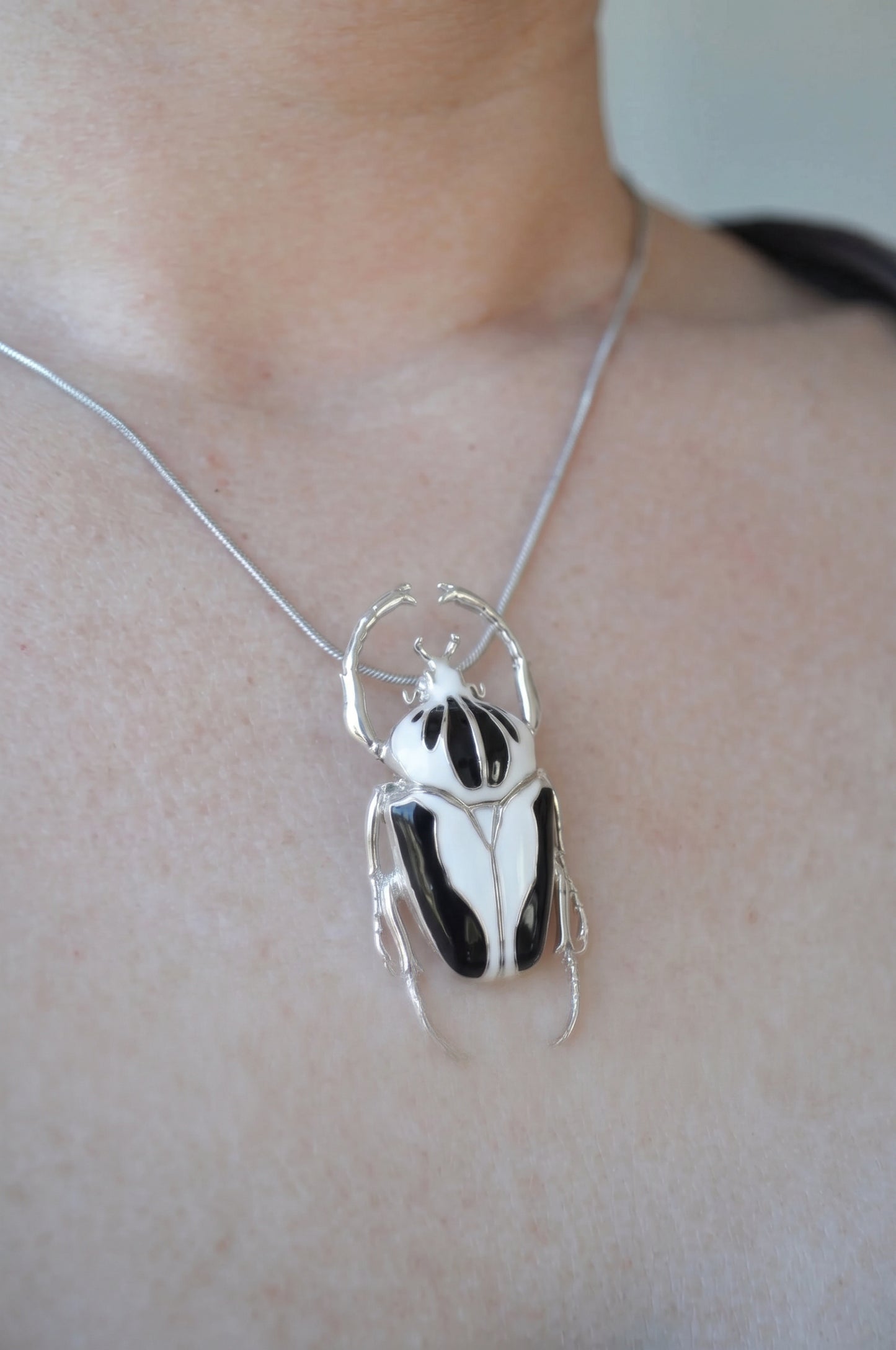 Goliath Beetle Pendant — Sterling Silver or 14k Gold‑Plated with Black & White Enamel