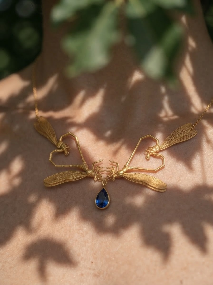 Dragonfly Love Necklace — Gold or Silver with Pear‑Cut Stone