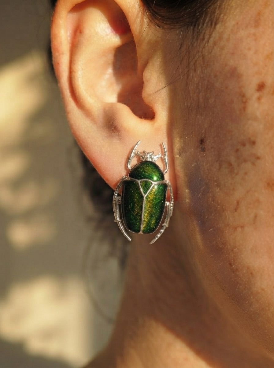 Green & Yellow Enamel Flower Beetle Stud Earrings – Sculptural Insect Jewelry
