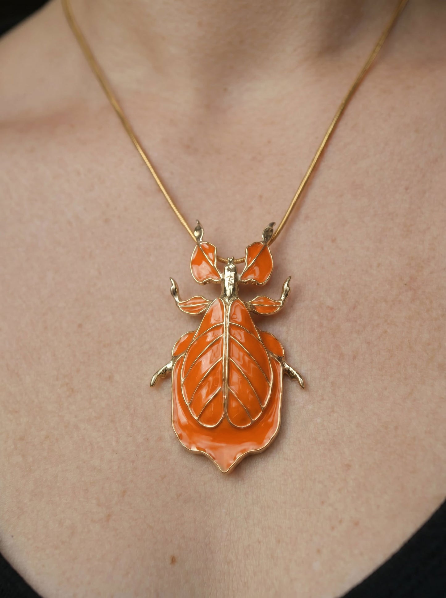 Phylliidae Leaf Insect Pendant –Orange Enamel | Nature‑Inspired Sculptural Jewelry (Copy)