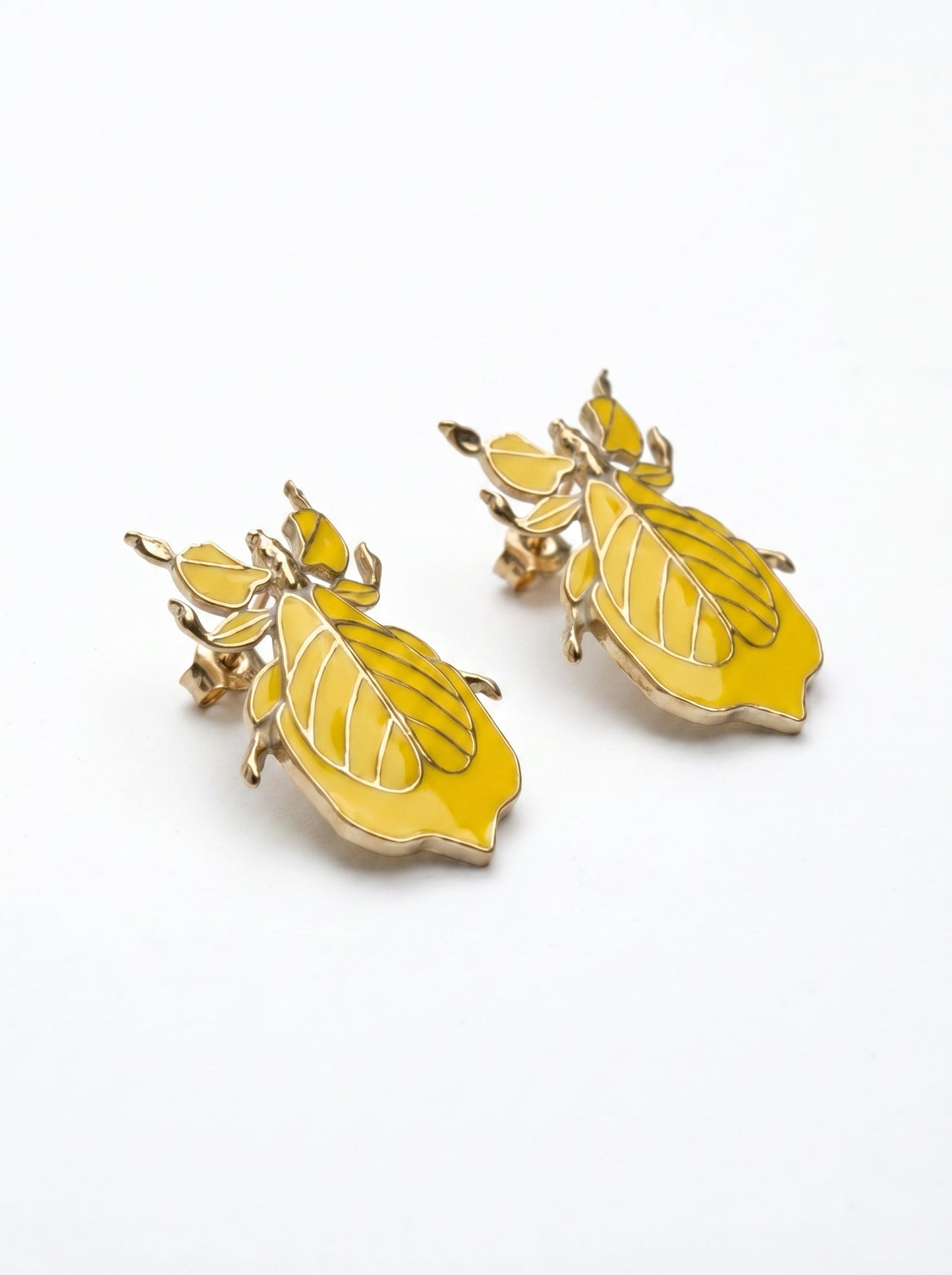 Phylliidae Yellow Leaf Insect Earrings – Gold or Silver Studs with Yellow Enamel