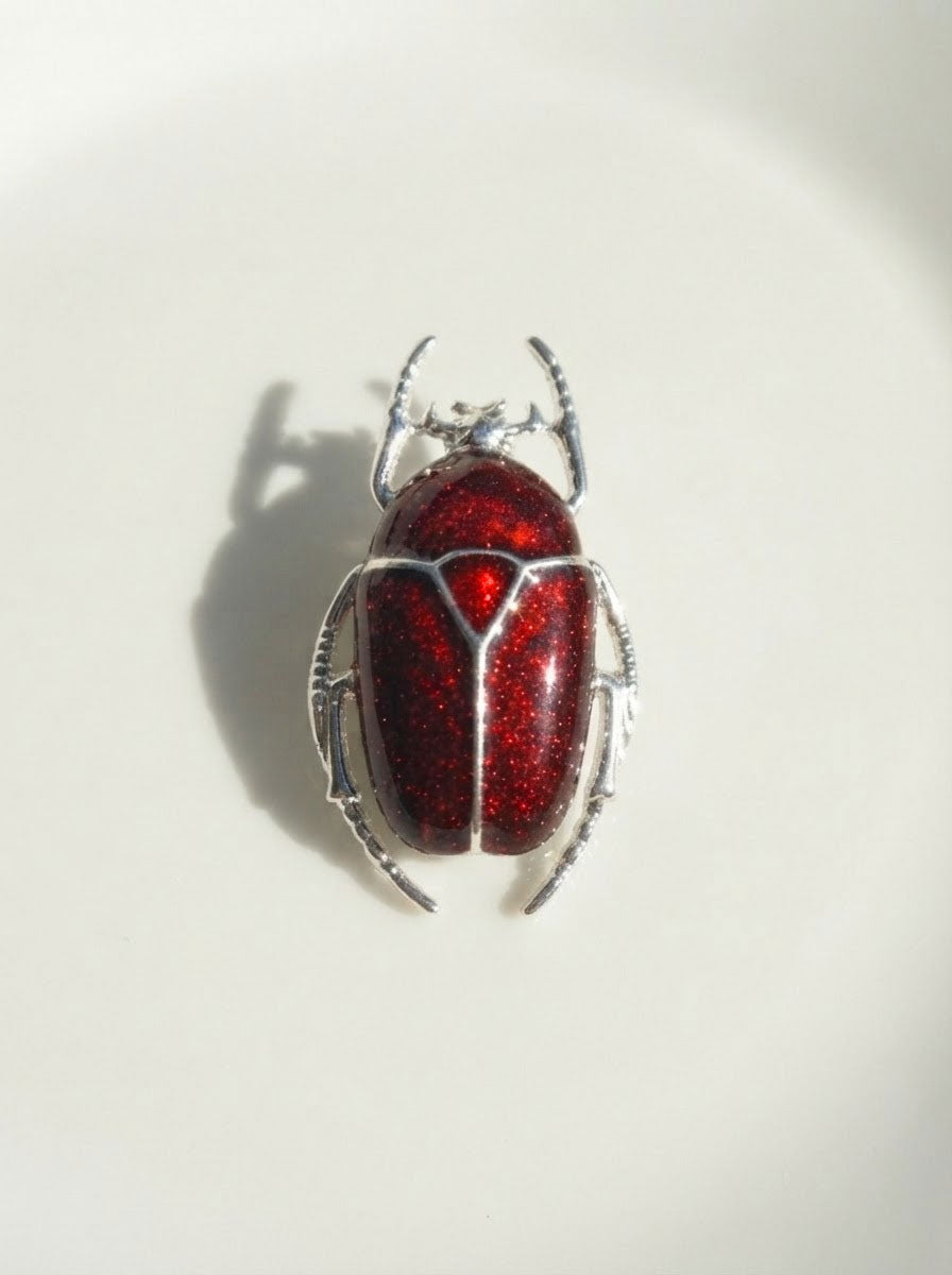 Dark Red Enamel Flower Beetle Pendant – Insect Necklace, Nature Inspired Jewelry