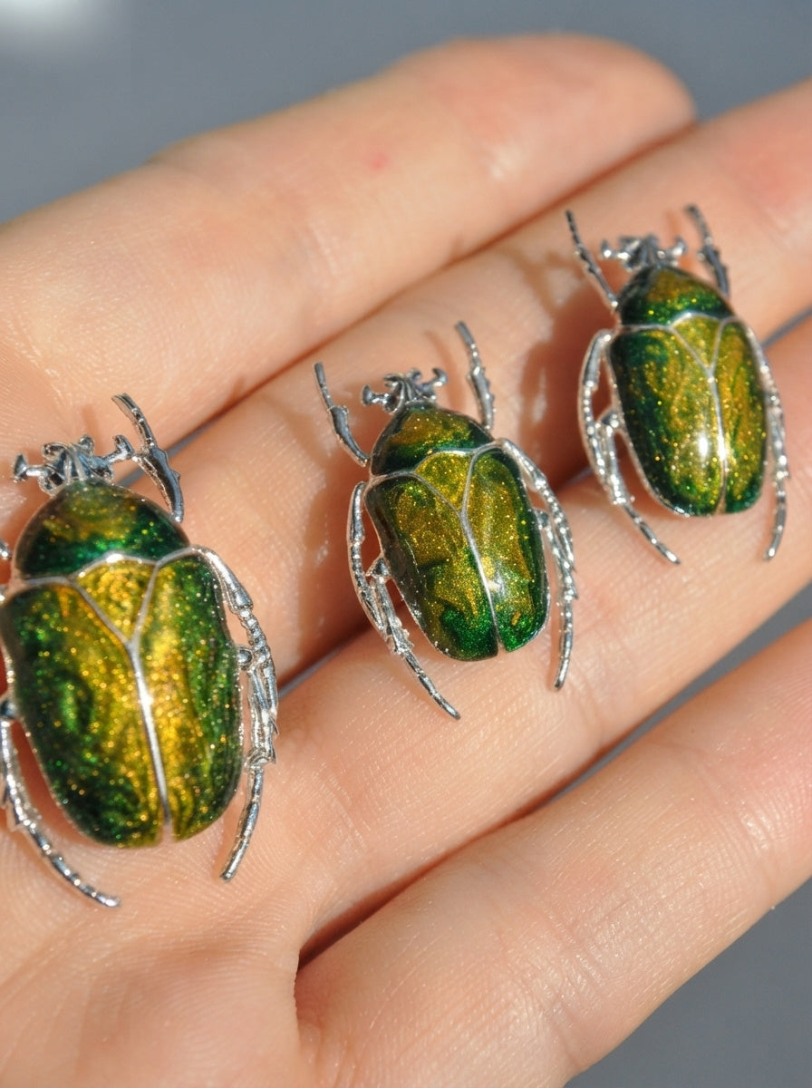 Green & Yellow Enamel Flower Beetle Pendant – Sculptural Insect Jewelry