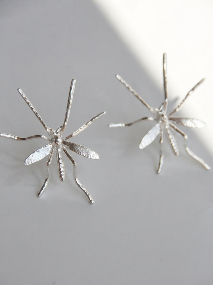 Crane Fly Stud Earrings – Sterling Silver or 14k Gold‑Plated | Sculptural Insect Jewelry