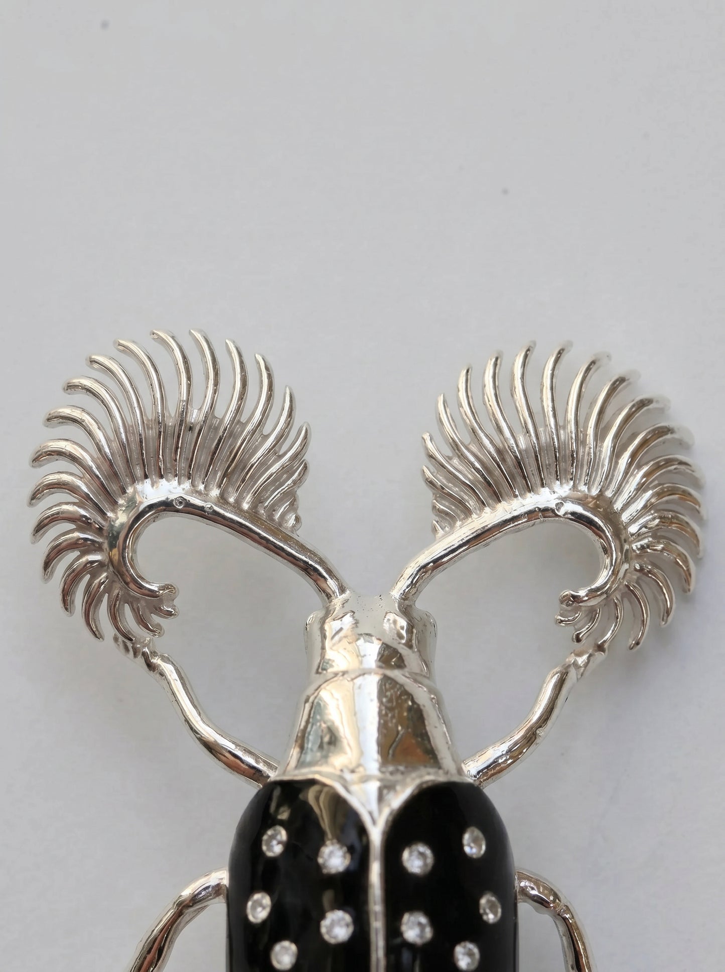 Feather‑Horned Beetle Brooch — Rhipicera sp. • Black Enamel + Crystals