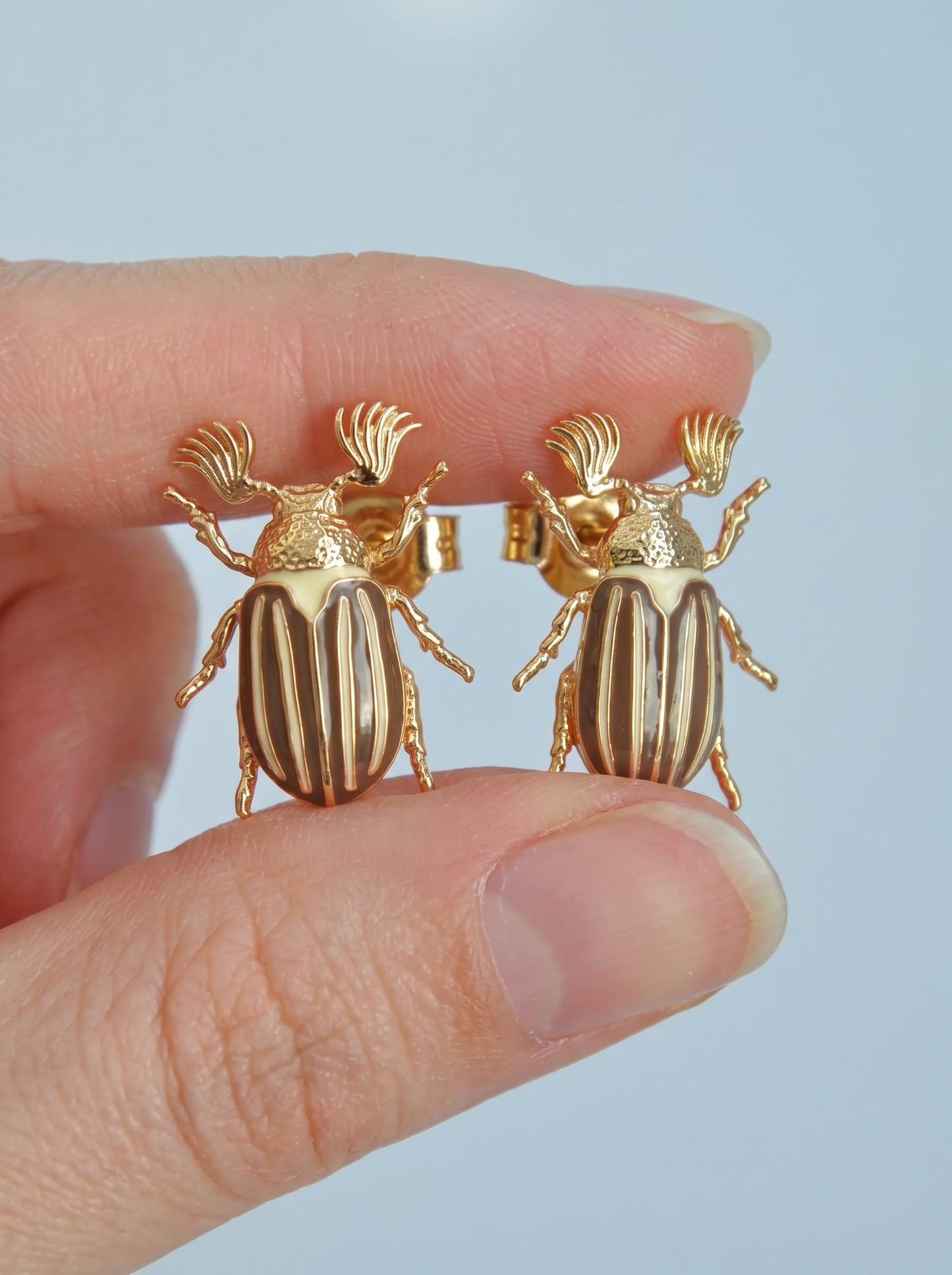 June Bug Stud Earrings — Silver or Gold with Bronze & Off‑White Enamel